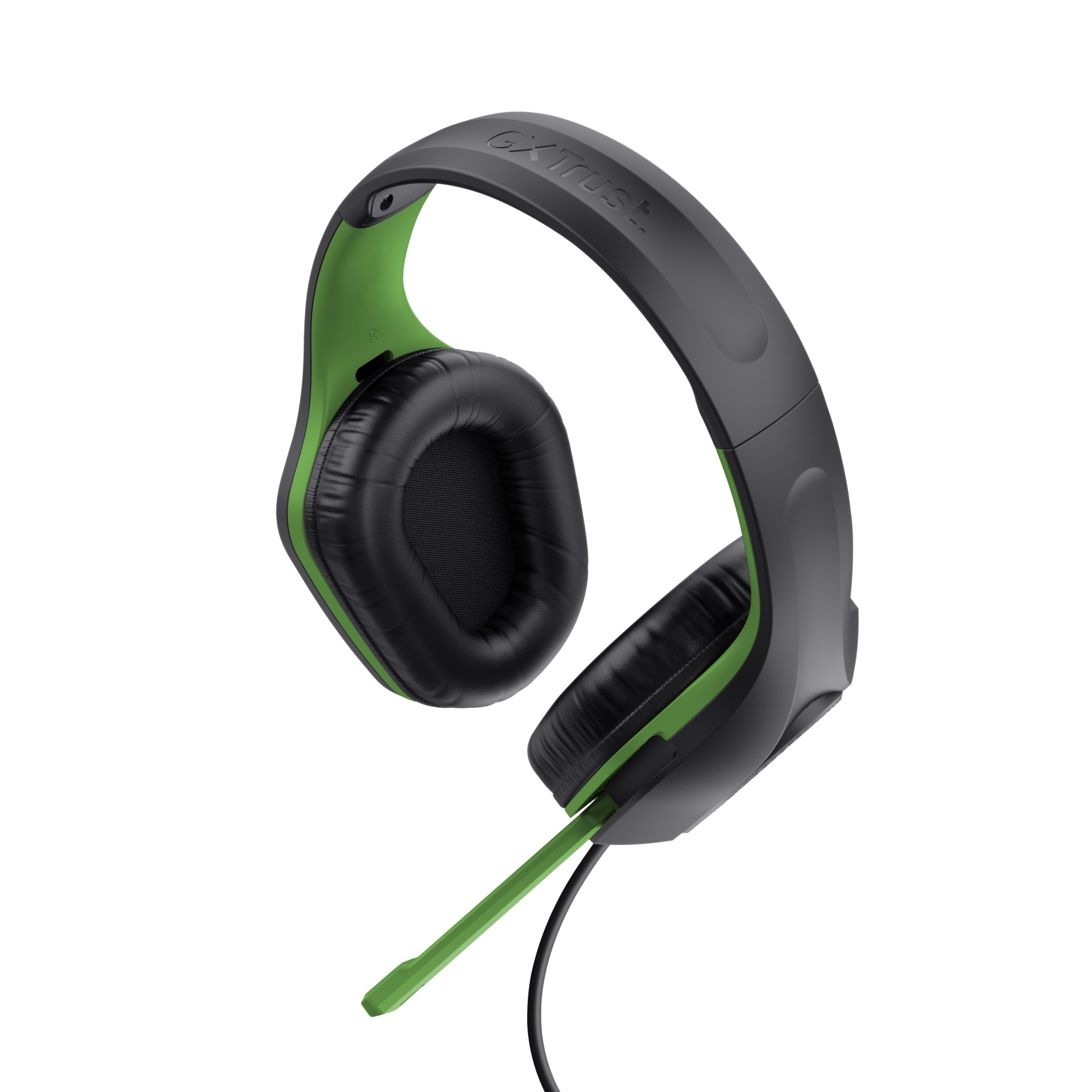 Czarno-zielony zestaw słuchawkowy dla graczy z mikrofonem, na czarnym tle.