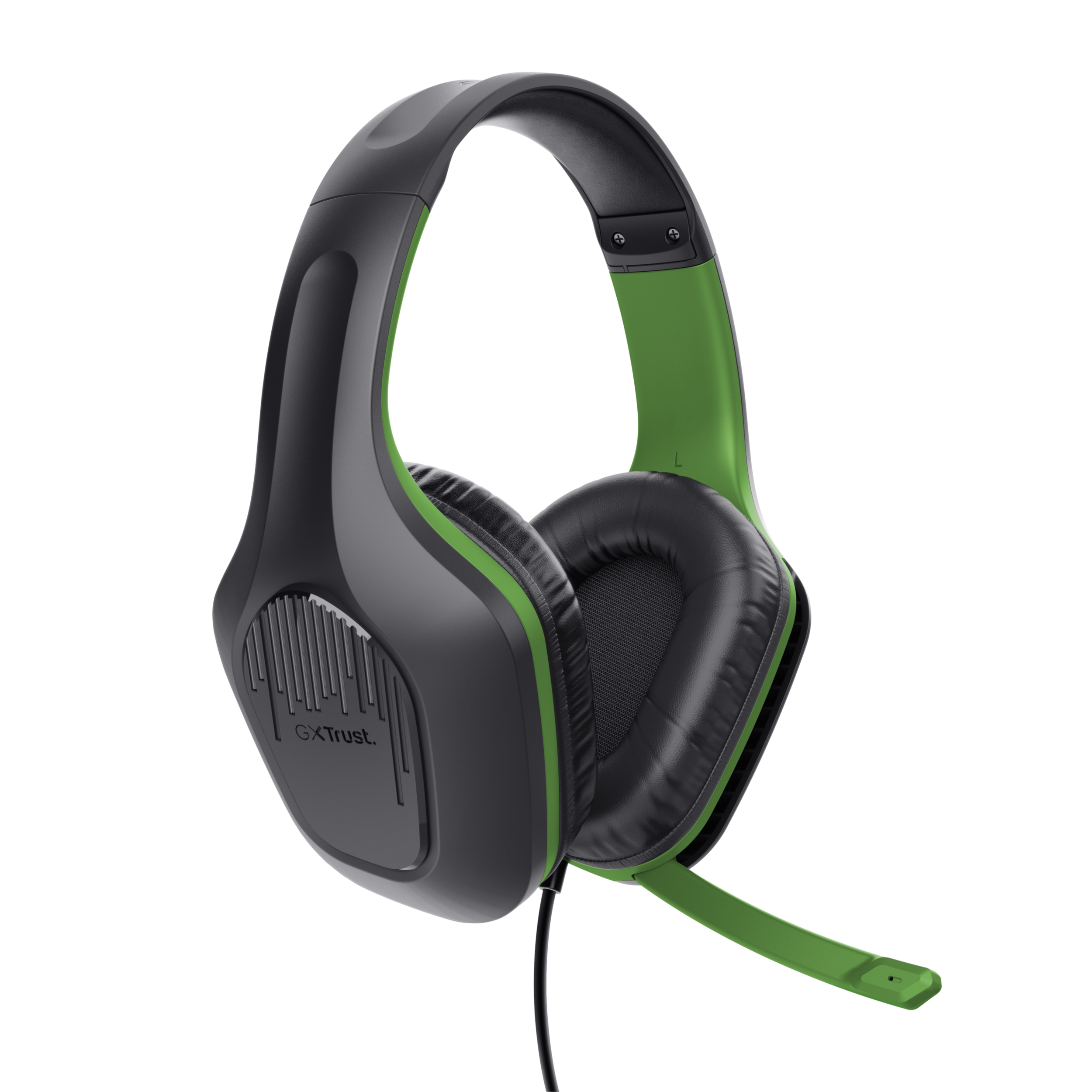 Czarno-zielony zestaw słuchawkowy. Zestaw słuchawkowy ma mikrofon i jest na czarnym tle.