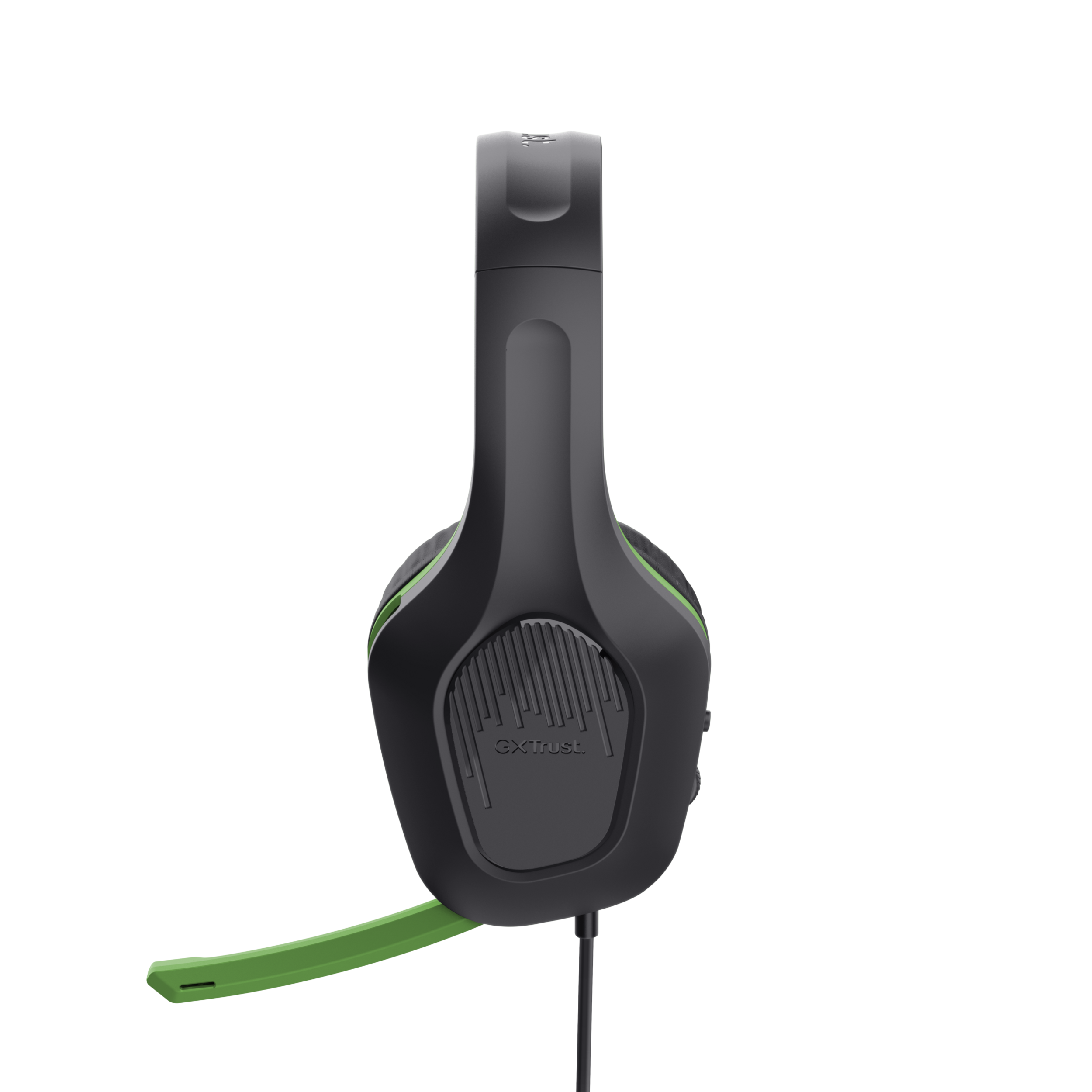 Czarne i zielone słuchawki dla graczy z mikrofonem, na czarnym tle.