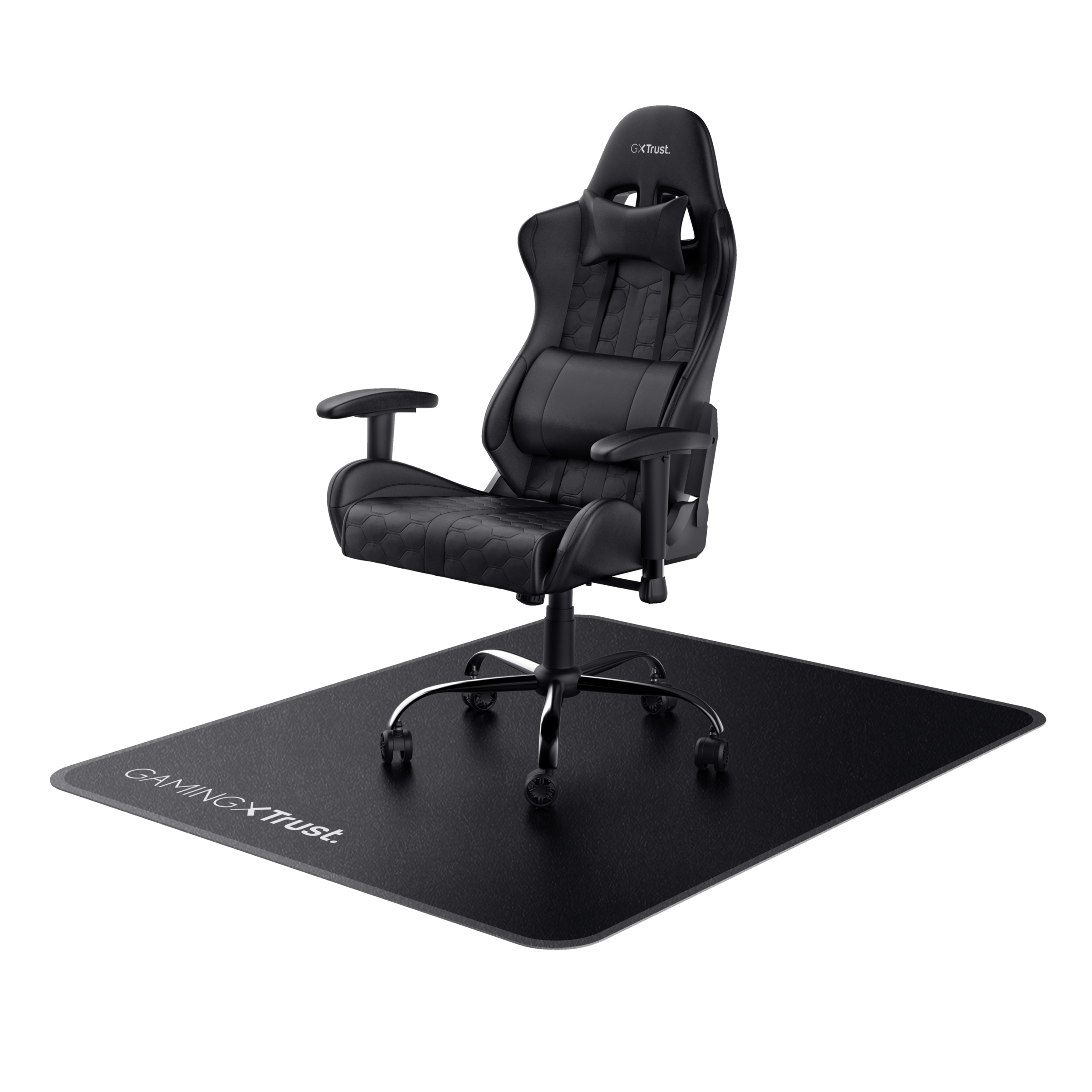 Ein schwarzer Gaming-Stuhl mit einer schwarzen Matte auf schwarzem Grund.
