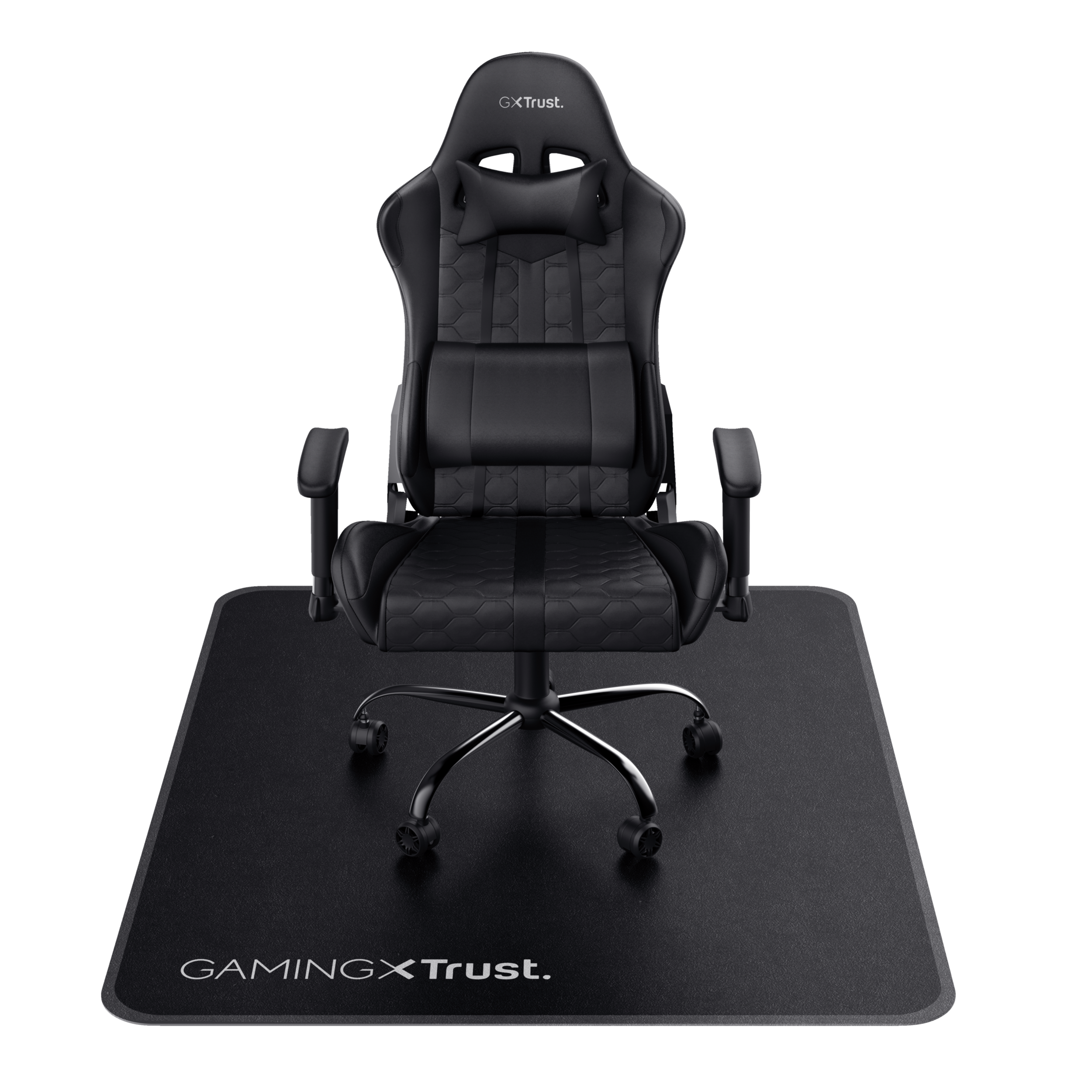 Gaming-Stuhl auf schwarzer Matte mit Gaming X Trust-Logo.