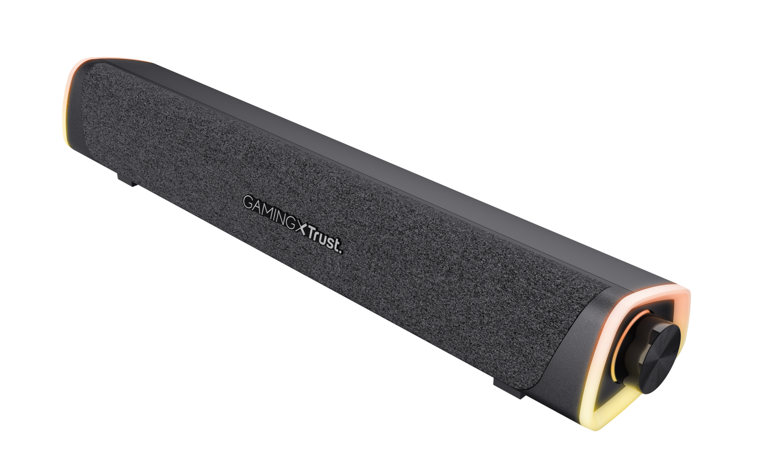 Czarny soundbar z pokrętłem regulacji i światłami. Jest na czarnym tle.