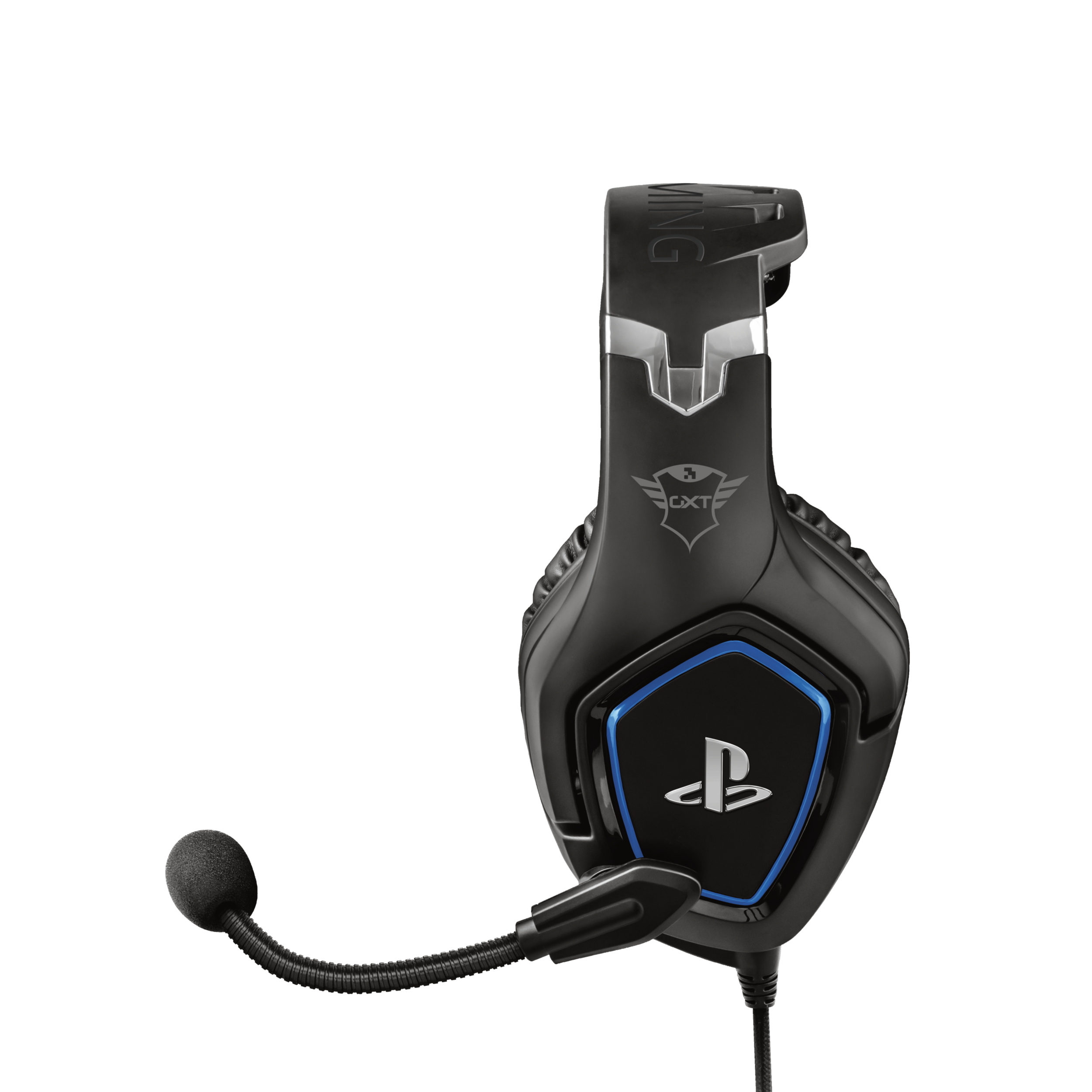 Czarno-niebieski zestaw słuchawkowy dla graczy z mikrofonem i logo PlayStation na czarnym tle.