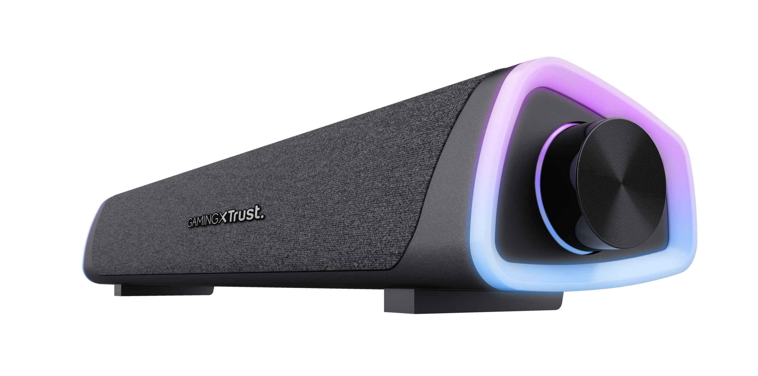 Soundbar do gier z czarną tkaniną, światłami RGB i pokrętłem głośności, czarne tło.