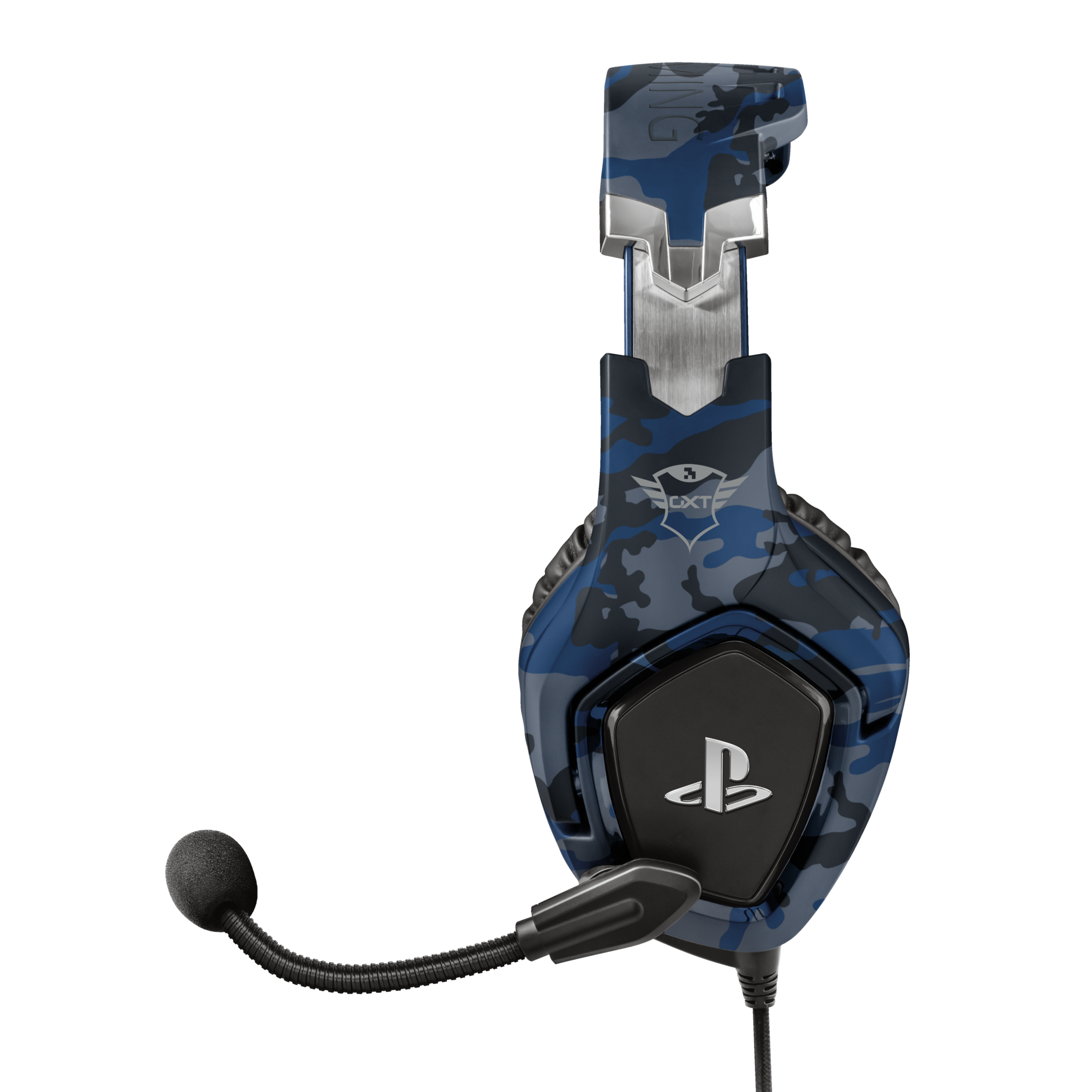 Niebieski kamuflażowy zestaw słuchawkowy dla graczy na czarnym tle.