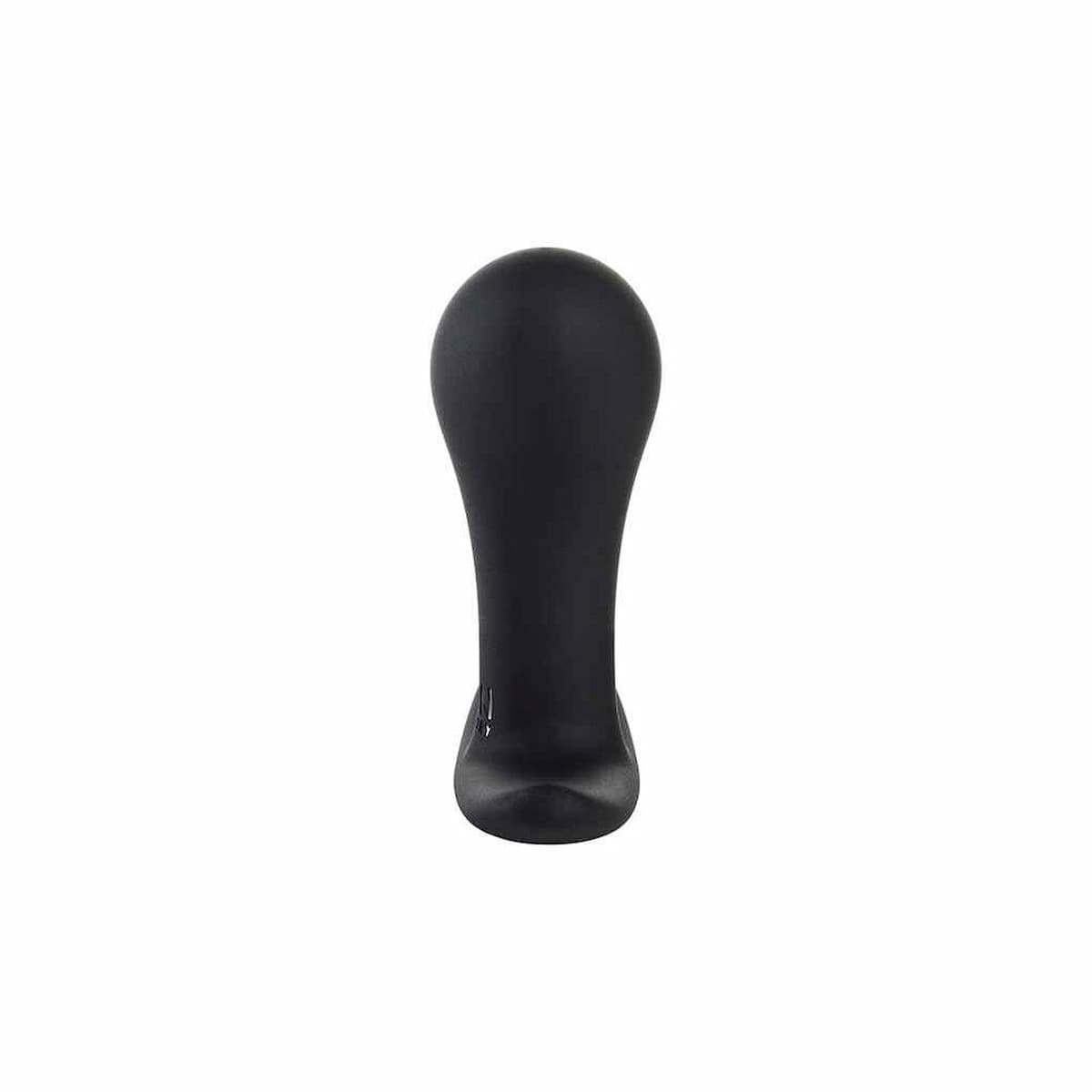 Czarny, kroplokształtny obiekt, prawdopodobnie zabawka erotyczna, stoi na białej powierzchni.