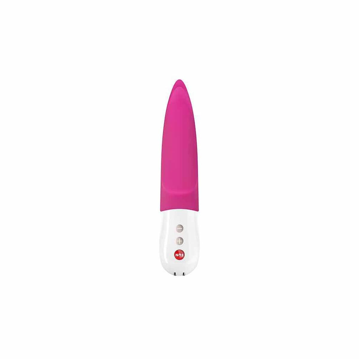 Se muestra un juguete sexual blanco y rosa. Tiene una cabeza rosa y un mango blanco.