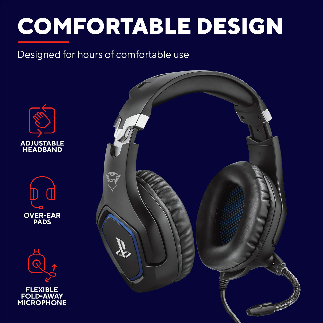 Czarne słuchawki dla graczy Trust z regulowanym pałąkiem, nausznikiem i mikrofonem.