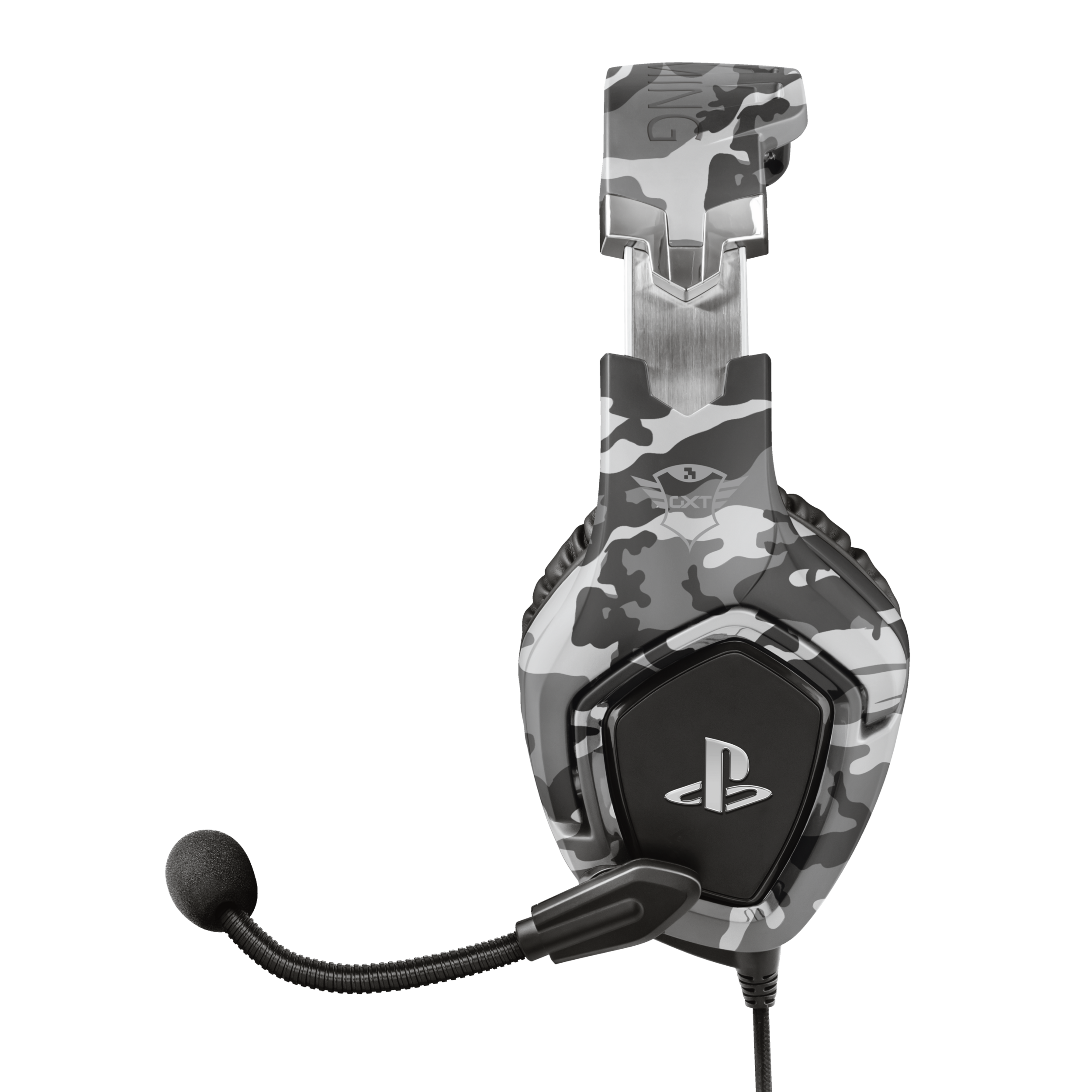 Słuchawki dla graczy w kamuflażu z mikrofonem, na czarnym tle.