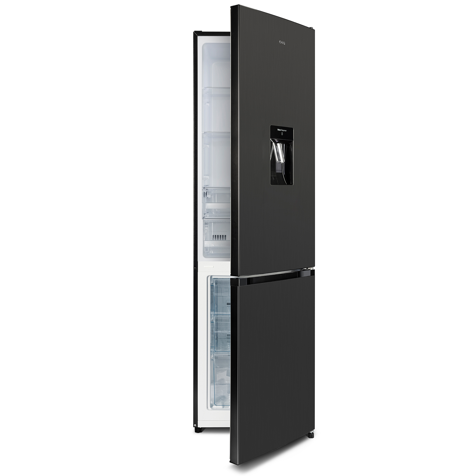 Réfrigérateur noir avec portes ouvertes, montrant les étagères intérieures.