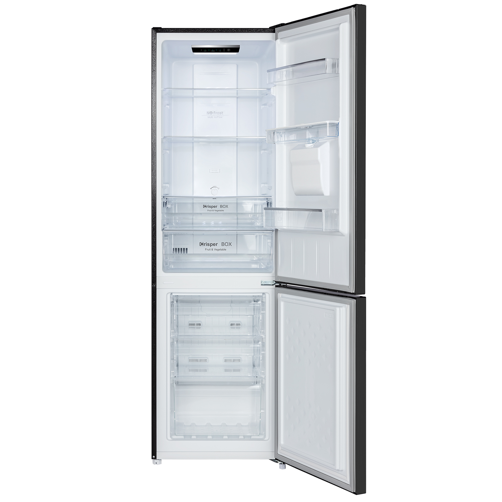 Opened black refrigerator, showcasing shelves, drawers, and compartments.