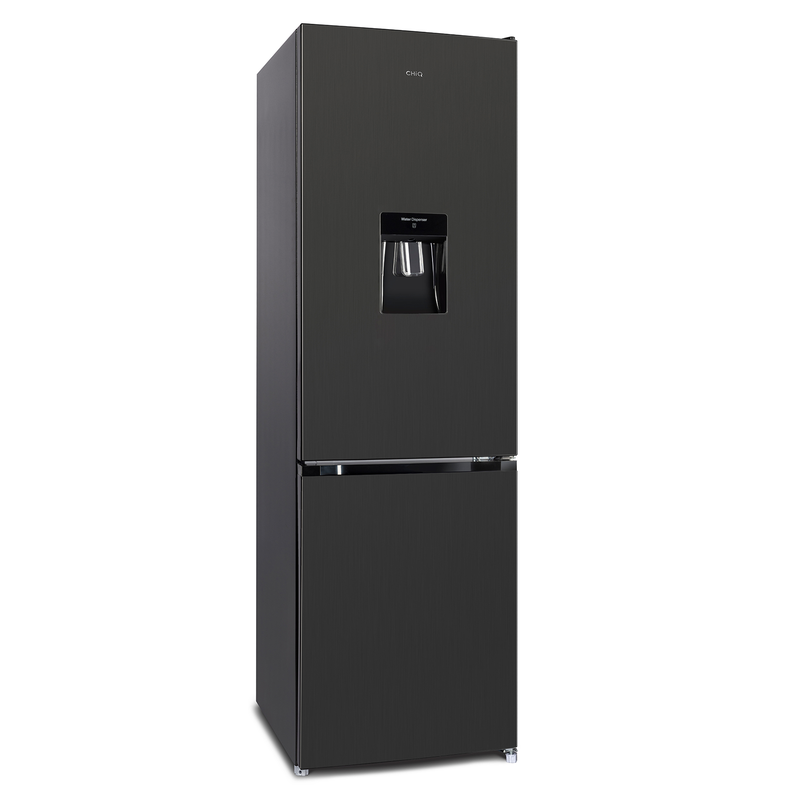 Black refrigerator with a water dispenser. It's a tall, modern, and stylish appliance.