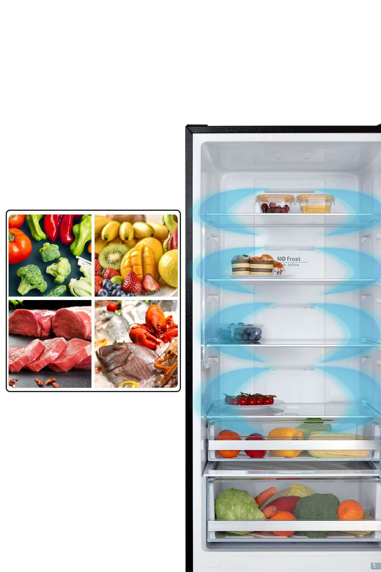 A refrigerator interior with food items and a blue air flow animation. Various foods visible.