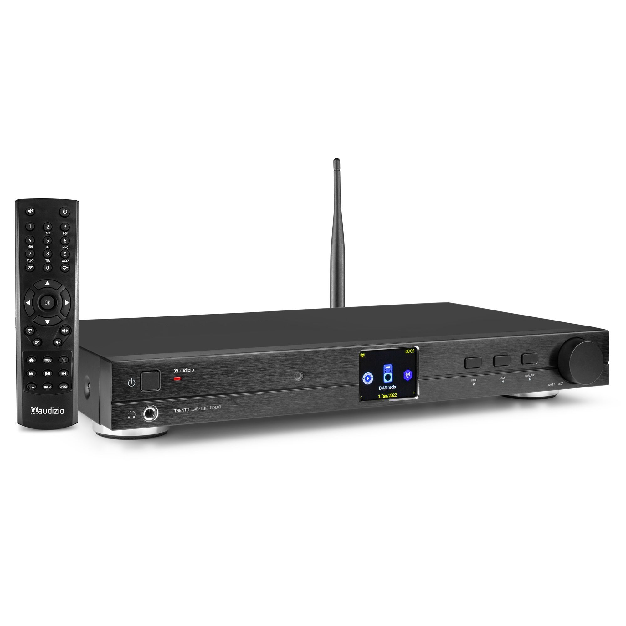 Schwarzer Musikplayer mit Fernbedienung, Antenne und Display. Zeigt einen Songtitel und eine Zeitanzeige. Silberfüße.