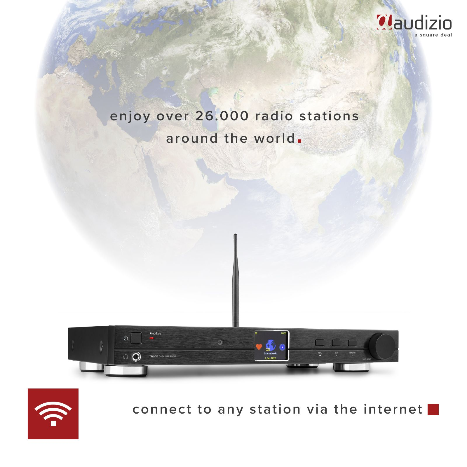 Schwarzes Audiogerät mit Weltkartenhintergrund und Text zur Werbung für Radiosender.