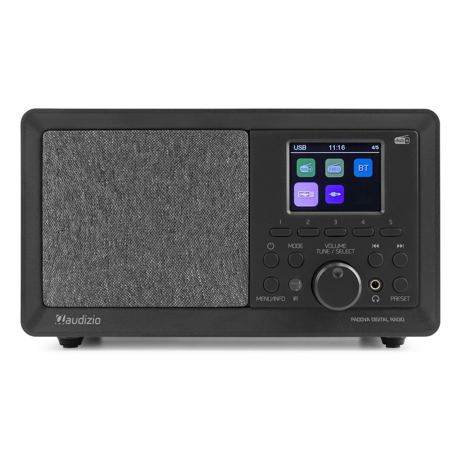 Una radio digital negra con pantalla y botones. La pantalla muestra USB, FM, BT y la hora.