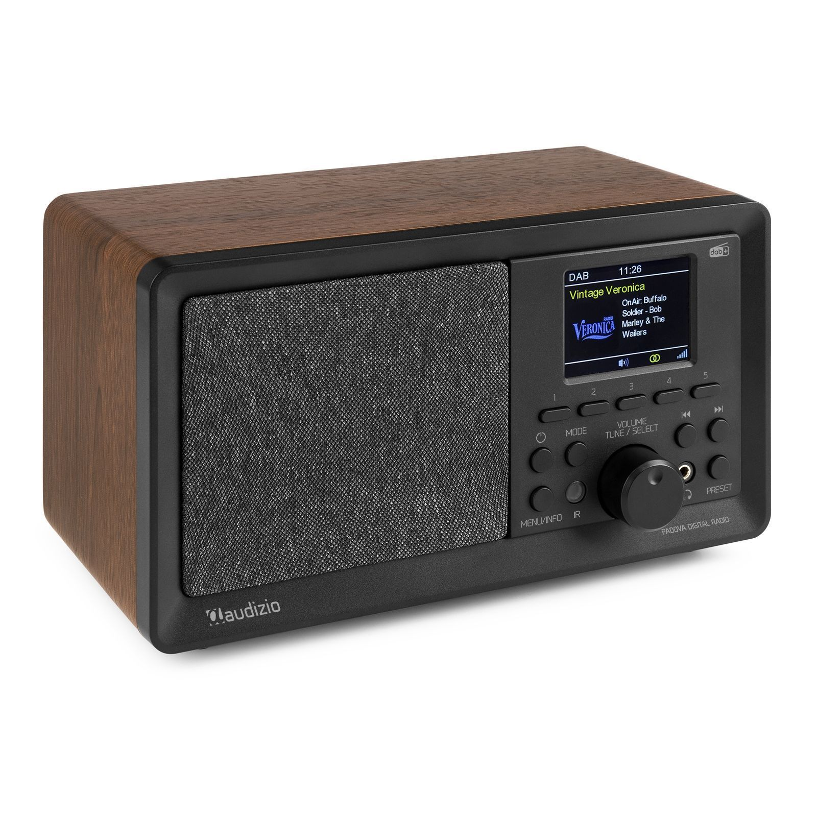 Radio digital Vintage Veronica. Parte superior de madera y frontal negro. Pantalla, botones y dial.