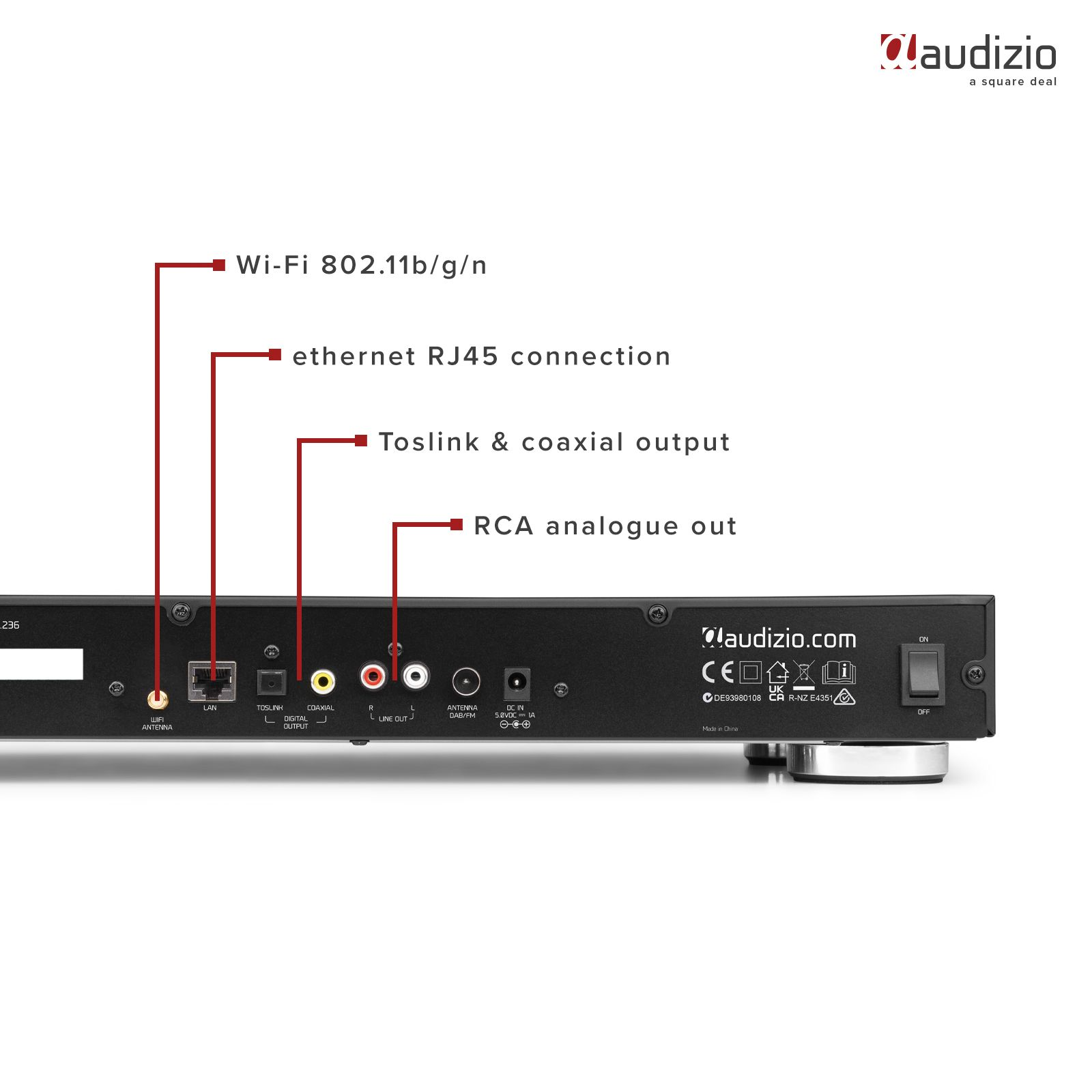 Rückansicht eines Audiogeräts mit Wi-Fi, Ethernet und Cinch-Anschlüssen. Hat einen Power-Knopf.