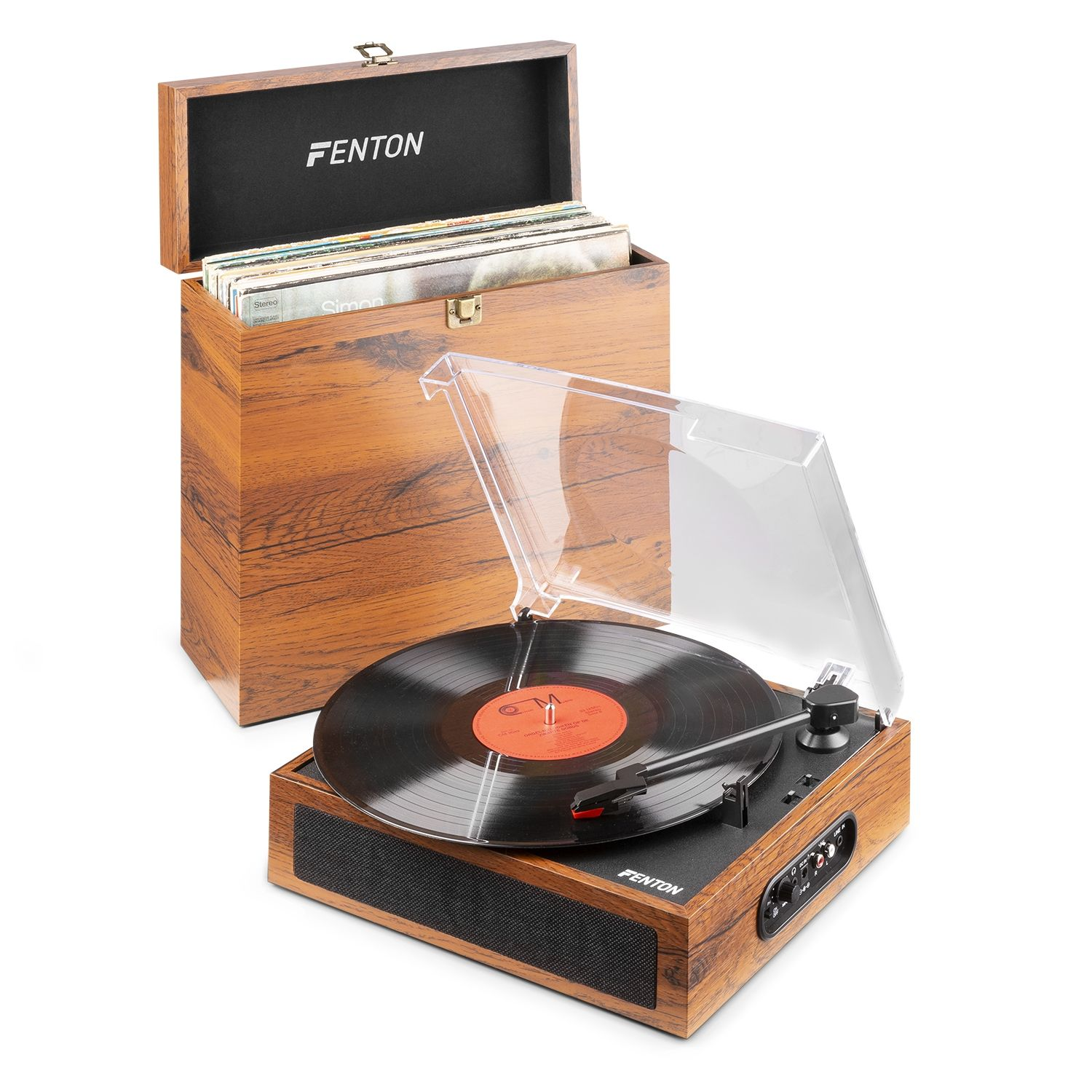Wooden turntable with records. A record is playing. A wooden box with more records sits next to it.