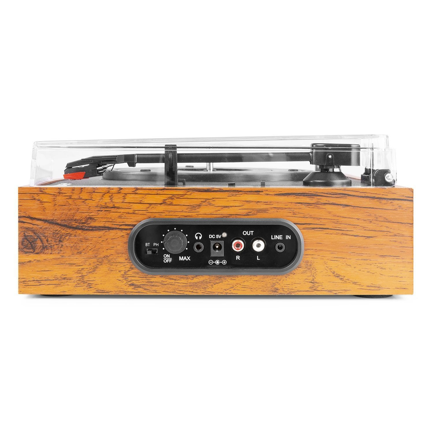 A wooden turntable with a clear cover, showing the control panel and the top of the record.