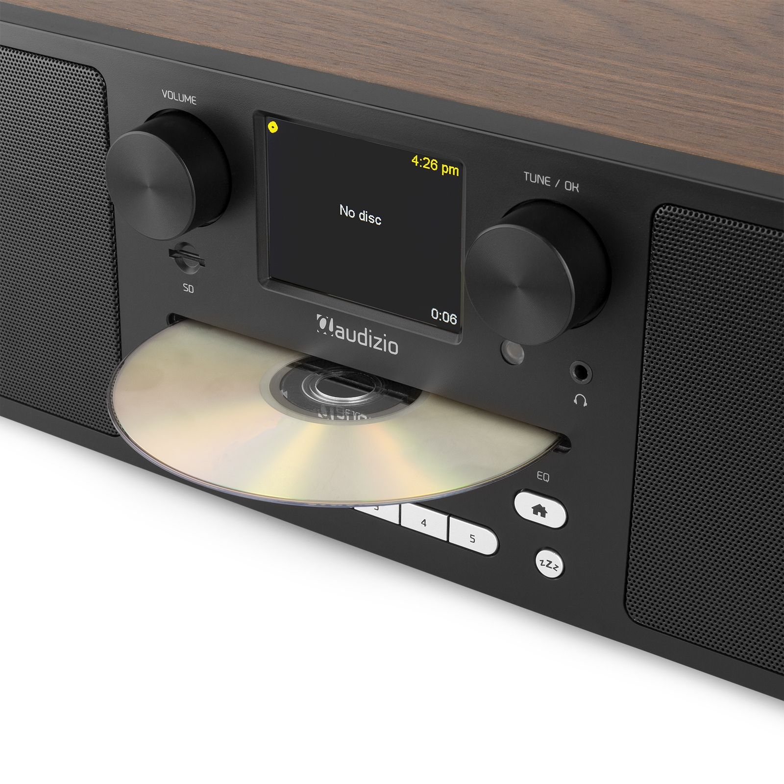 Lecteur CD avec le tiroir ouvert, design noir et bois.