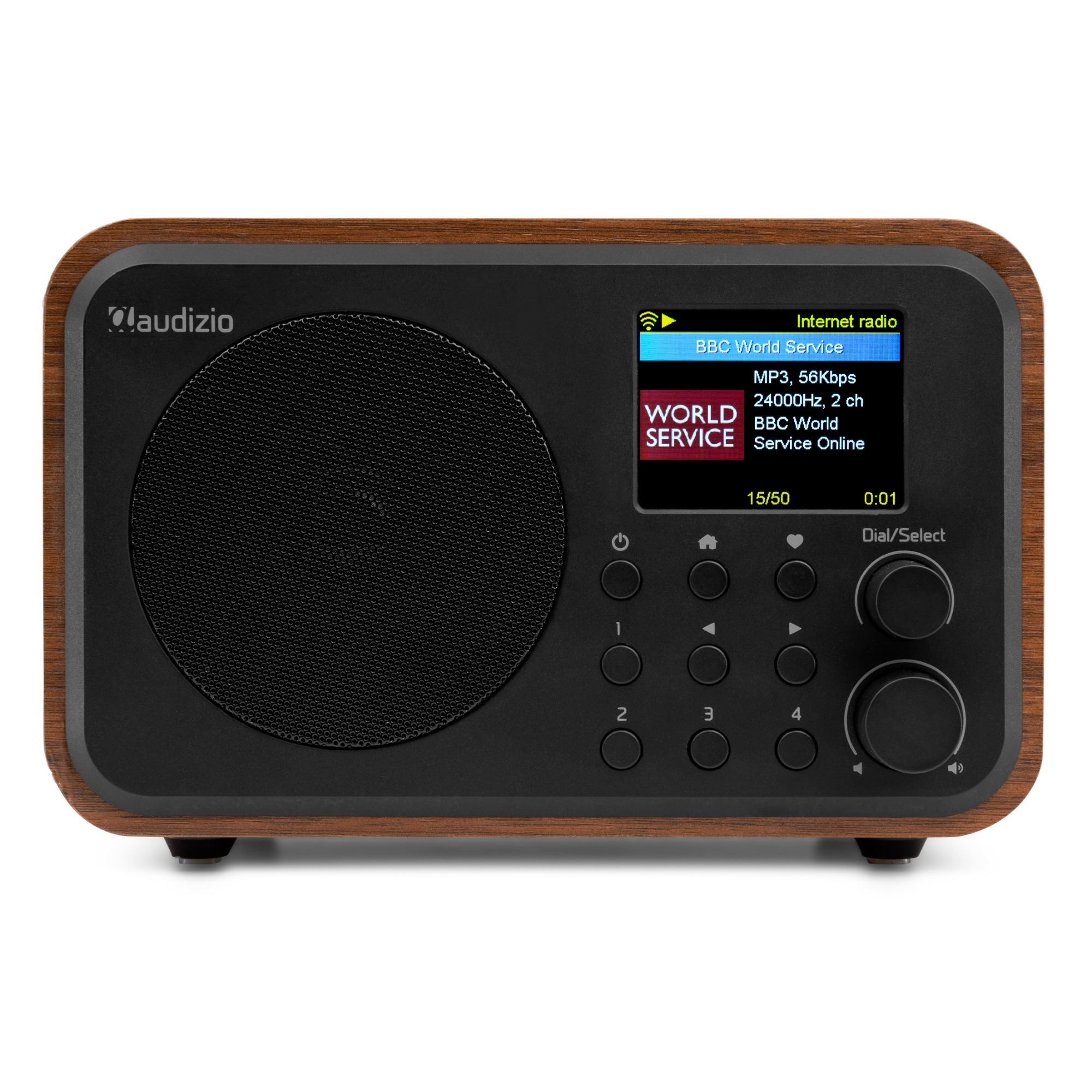 Ein Holzradio mit schwarzem Lautsprecher, Display zeigt BBC World Service, und verschiedene Bedienelemente.