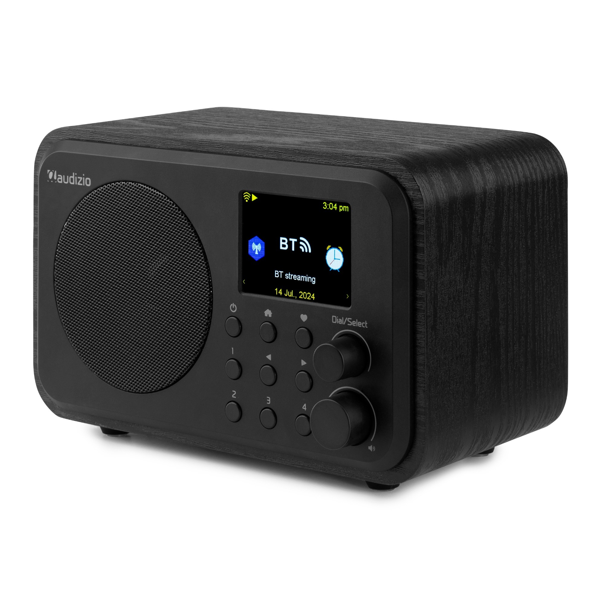Radio de madera negra con pantalla que muestra transmisión BT y hora, diales y botones.