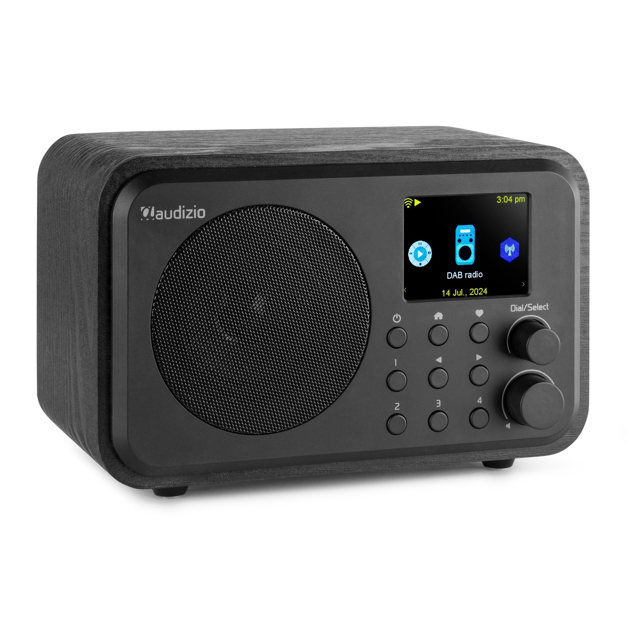 Radio DAB de madera negra con pantalla, botones y diales. Muestra la hora, la fecha y la información de la radio DAB.