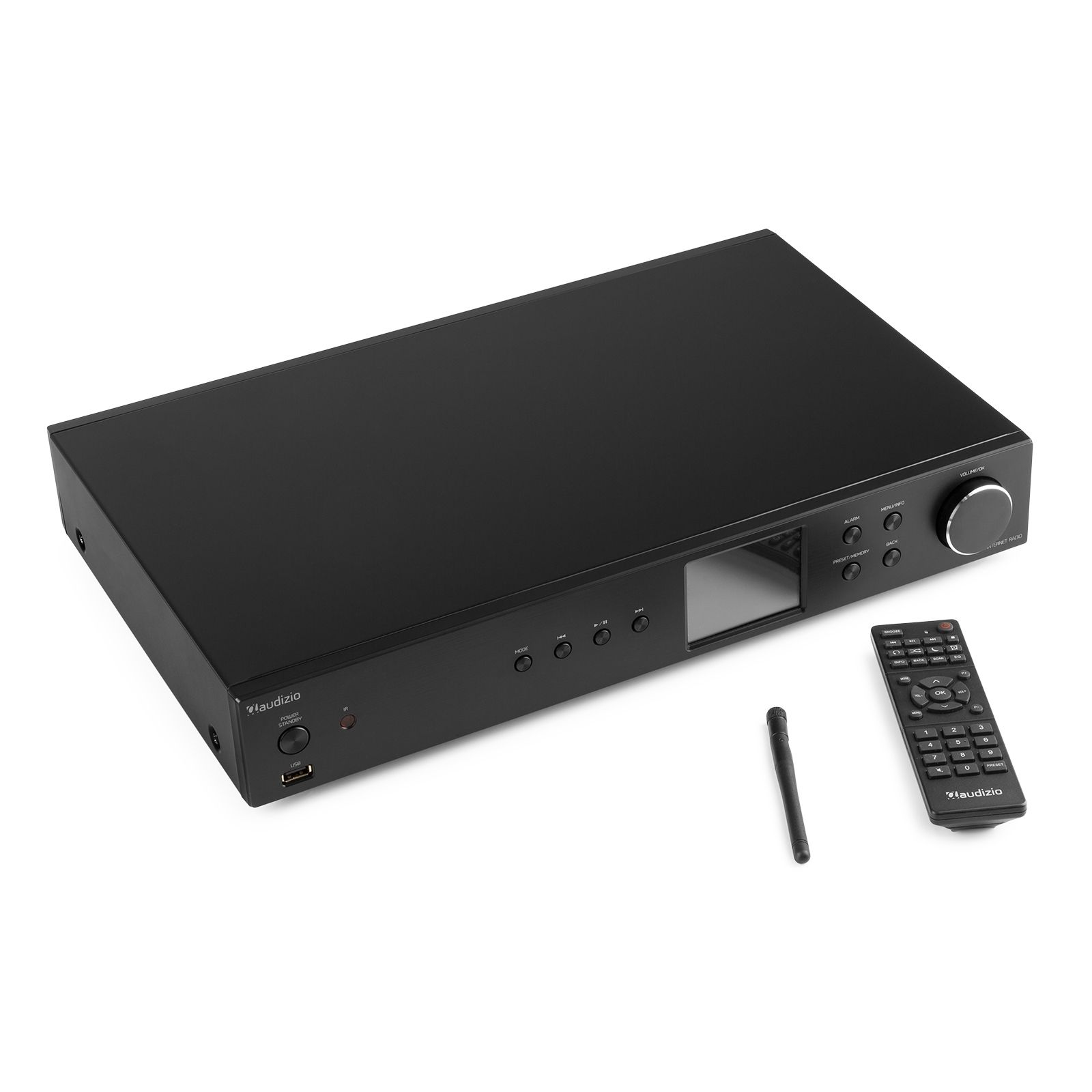 Receptor de audio negro con mando, antena y pantalla. Botones y mando de volumen visibles.