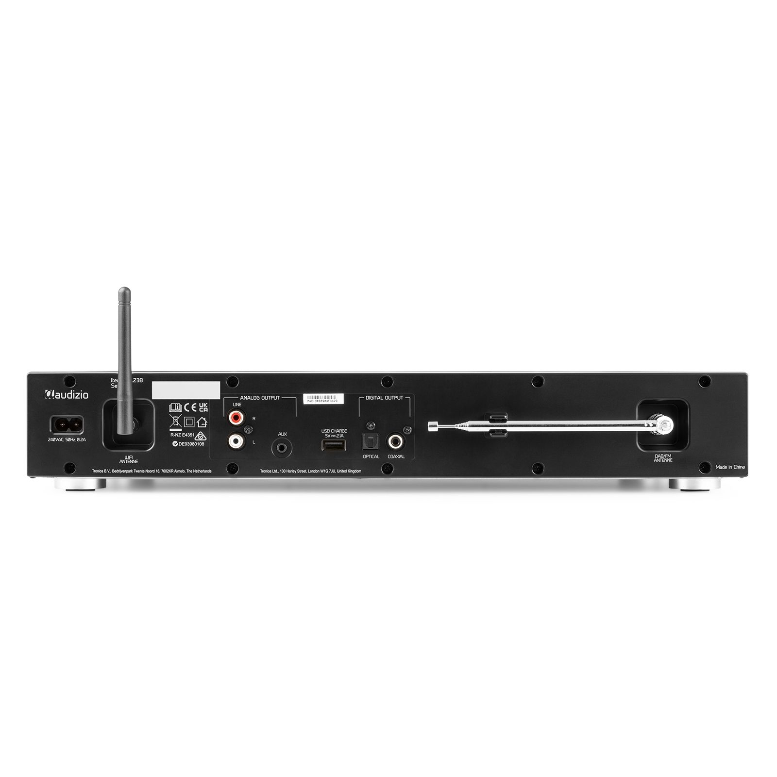 Vista trasera de un dispositivo de audio negro con varios puertos de entrada/salida y una antena.