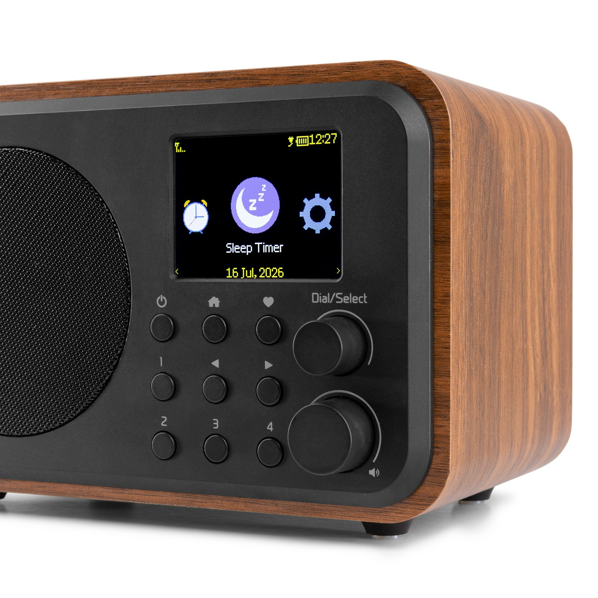 Nahaufnahme eines Holzradios mit Bildschirm, der Sleep-Timer und Datum anzeigt.