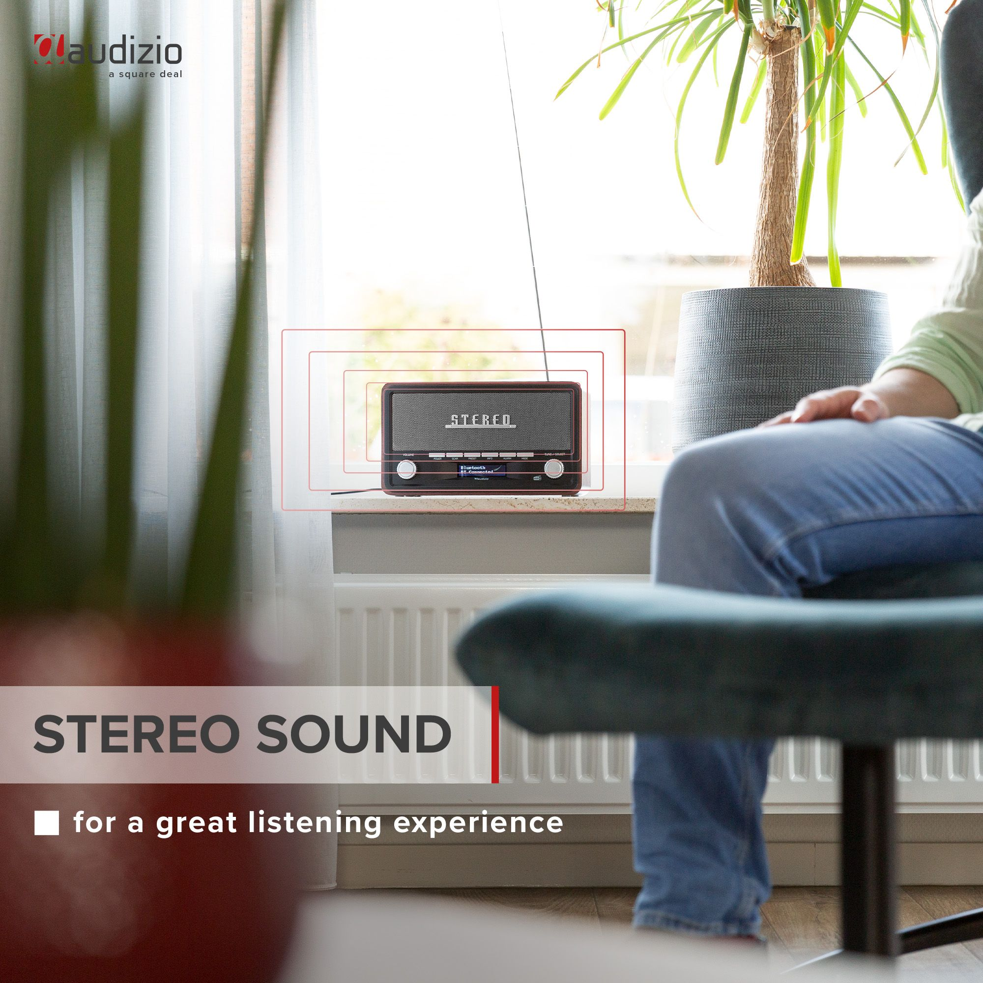 Una radio retro con texto de sonido estéreo en la parte delantera, plantas en primer plano.