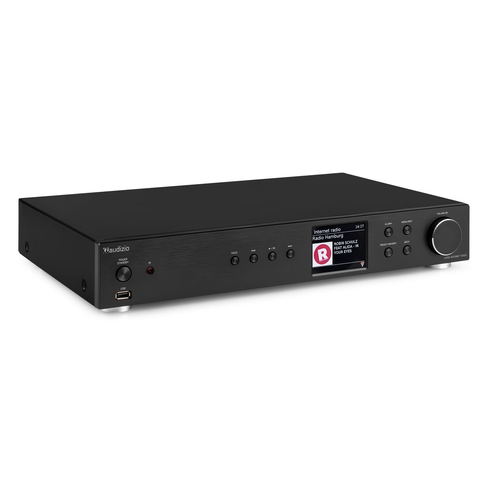Dispositivo de audio negro con una pantalla que muestra información de radio. Tiene una perilla y botones.