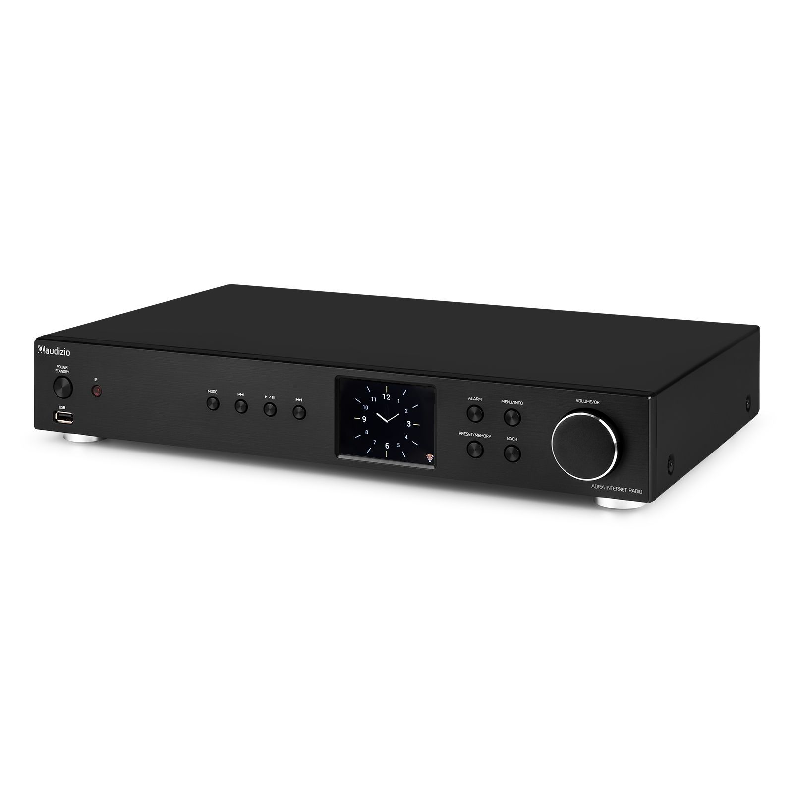 Receptor de audio negro, con pantalla de reloj, botones y mando de volumen sobre fondo blanco.