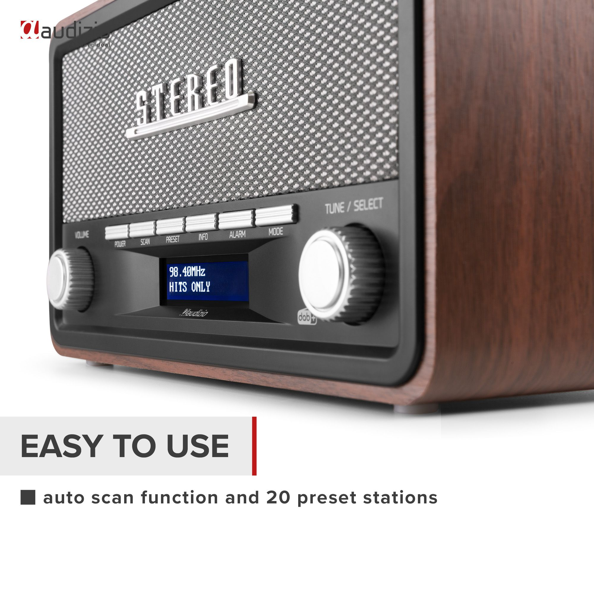 Una radio retro marrón con pantalla. El texto 'EASY TO USE' está debajo de la radio.