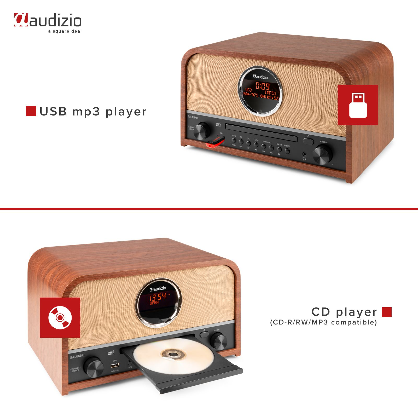 Zwei Holzradios im Retro-Stil auf Weiß. Eines mit CD, das andere mit USB-Anschluss und Display.
