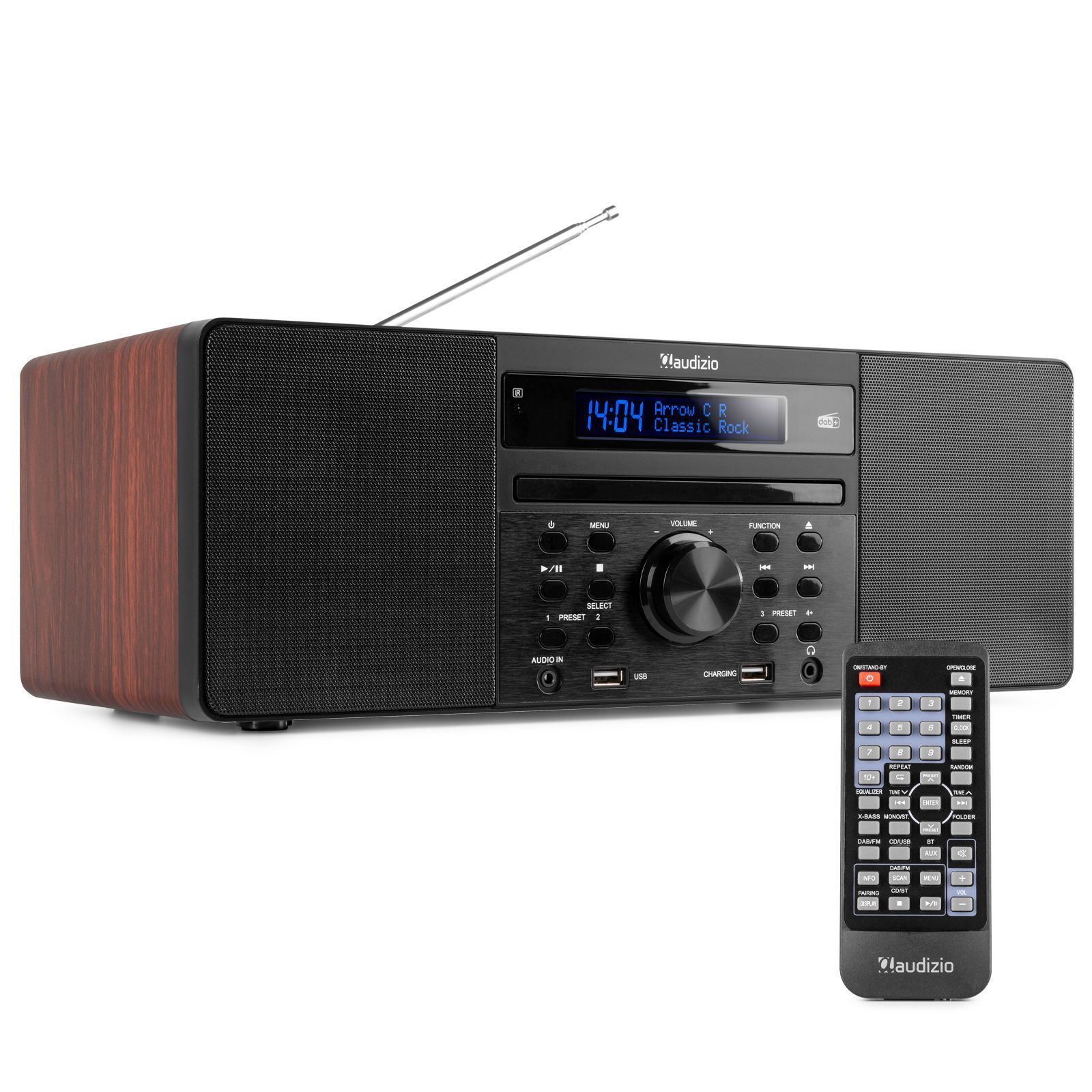 Ein Radio in Holzoptik mit Digitalanzeige, Knöpfen und Fernbedienung.