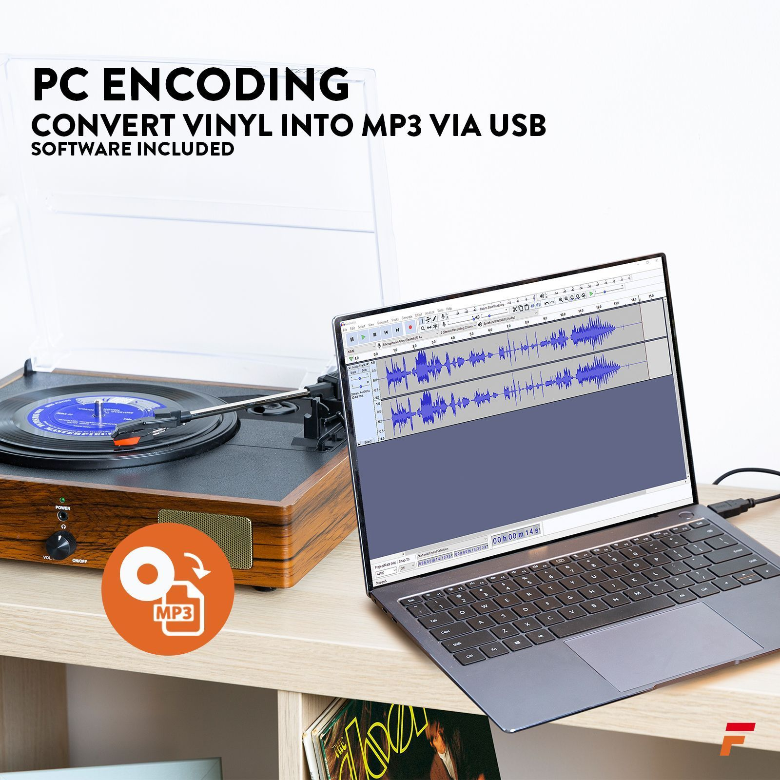 Plattenspieler mit Laptop, der Audio-Wellenform zeigt. Text: PC-Codierung, Vinyl in MP3 konvertieren via USB.