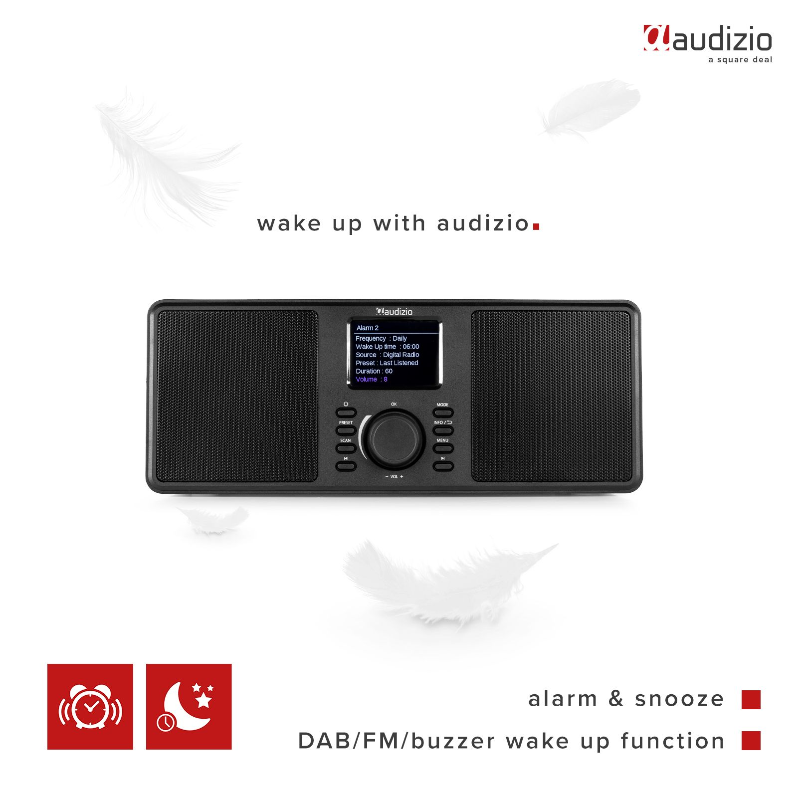 Schwarzes Radio mit Display und Federn. Text lautet 'wake up with audizio'.