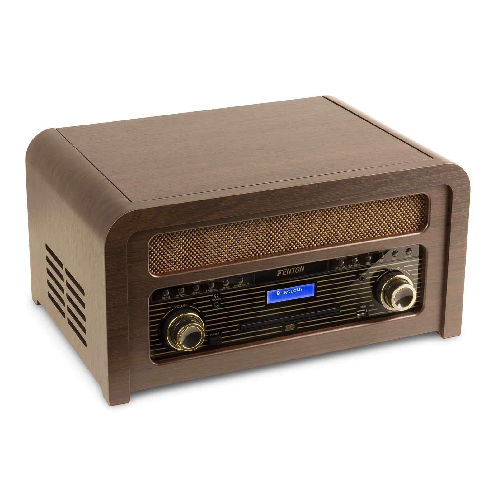 Ein braunes Retro-Radio mit Display und zwei Knöpfen. Der Lautsprecher ist mit einem goldenen Gitter bedeckt.