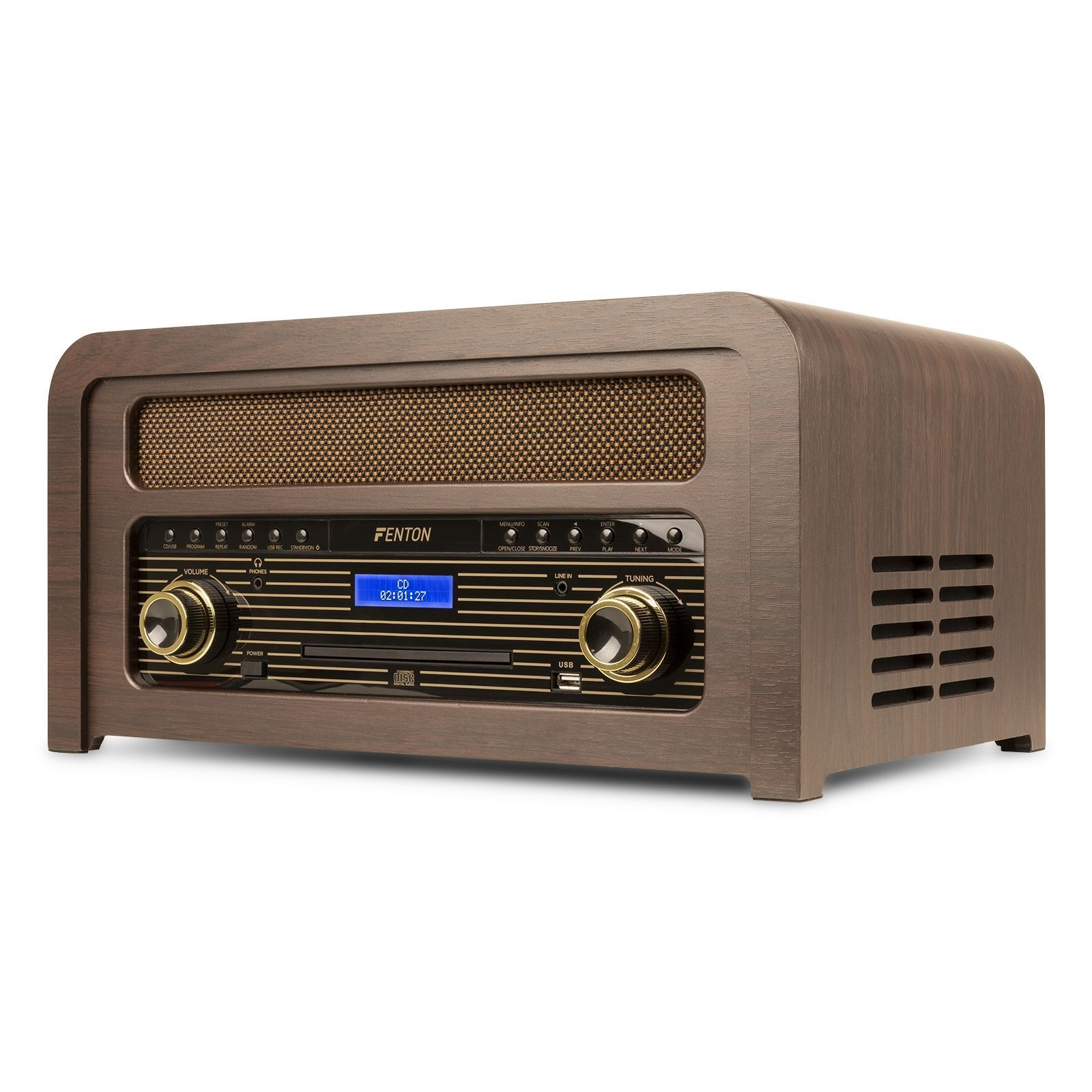Eine hölzerne Stereoanlage im Vintage-Stil mit CD-Player und Knöpfen, isoliert auf Weiß.