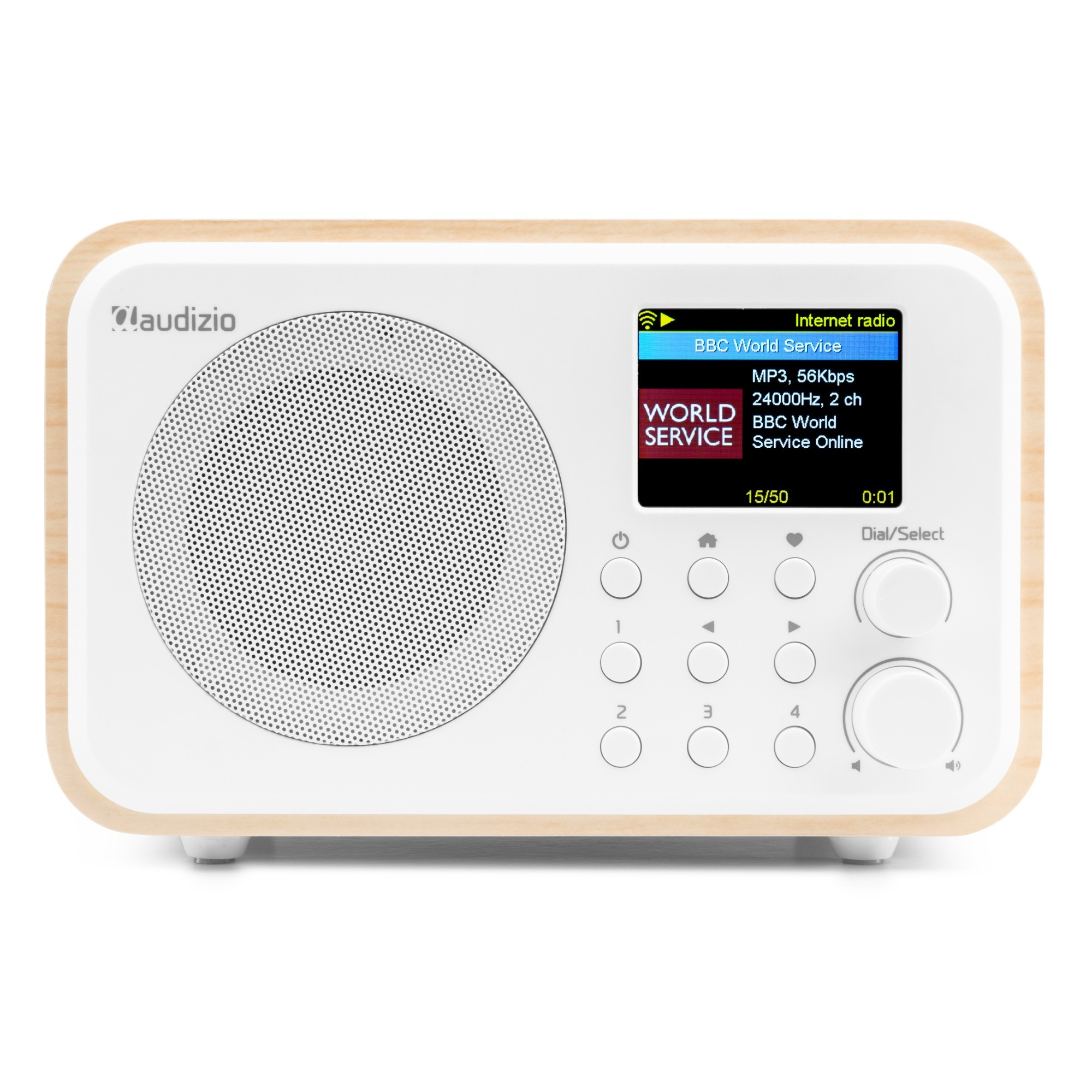 Weißes und hölzernes Radio mit Display. Text sagt 'BBC World Service'.