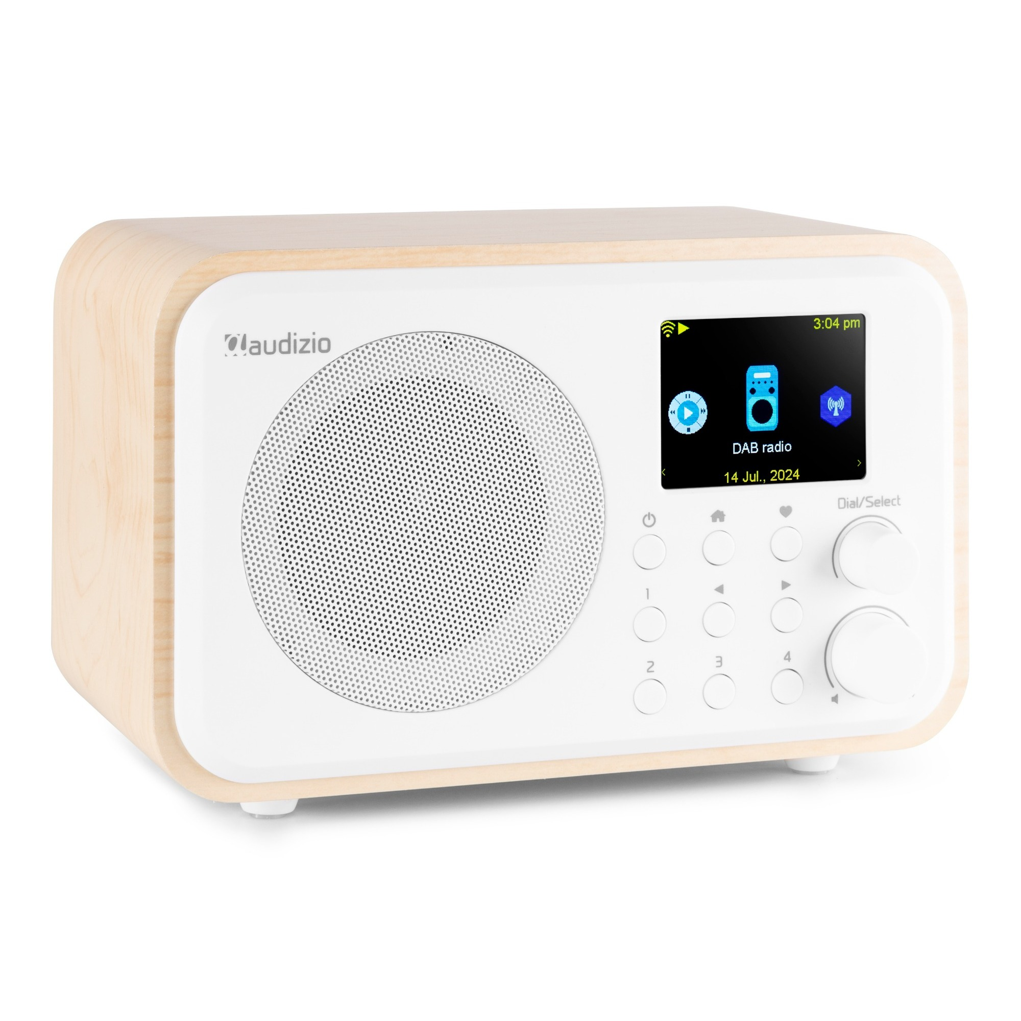 Ein Holz- und Weißradio mit einem Bildschirm, der die Uhrzeit und Radioinformationen anzeigt.