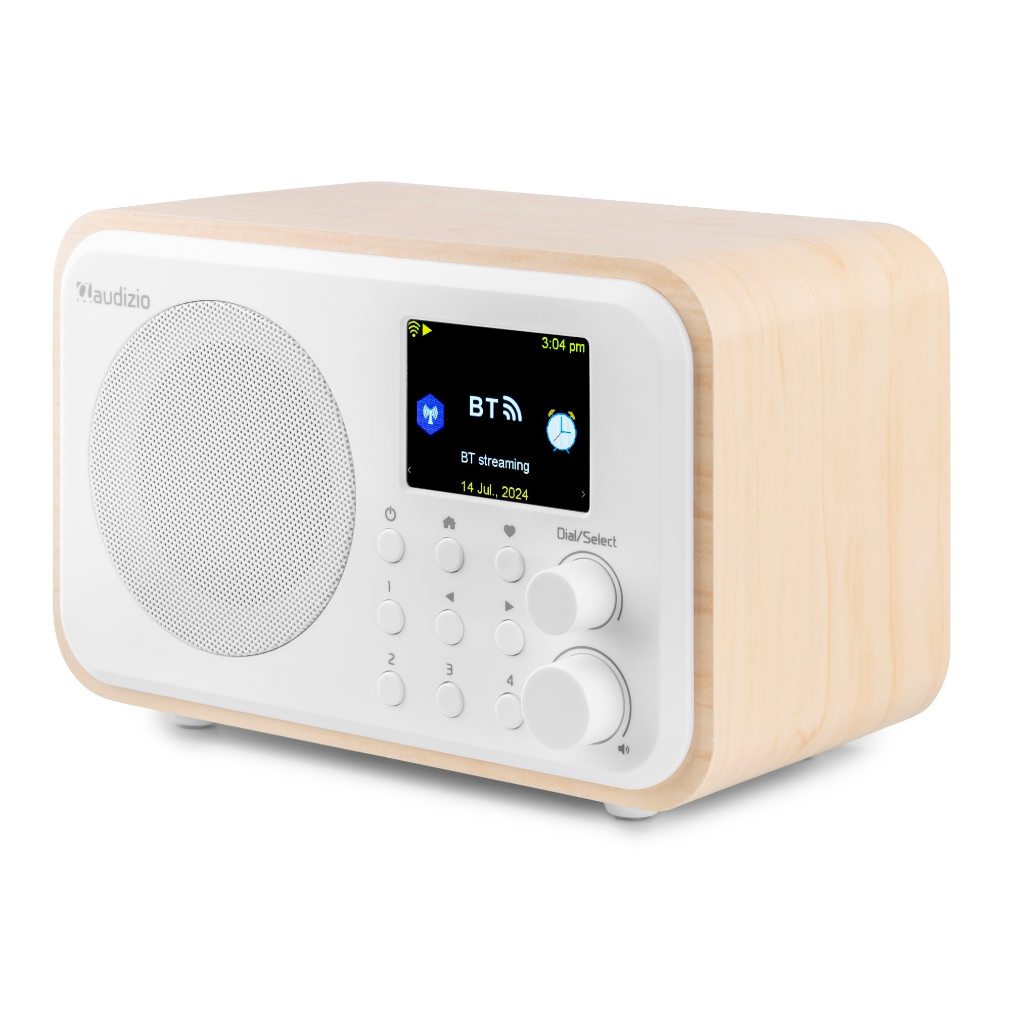 Holzradio mit weißer Front. Display zeigt Zeit und Bluetooth. Knöpfe und Drehregler sind sichtbar.