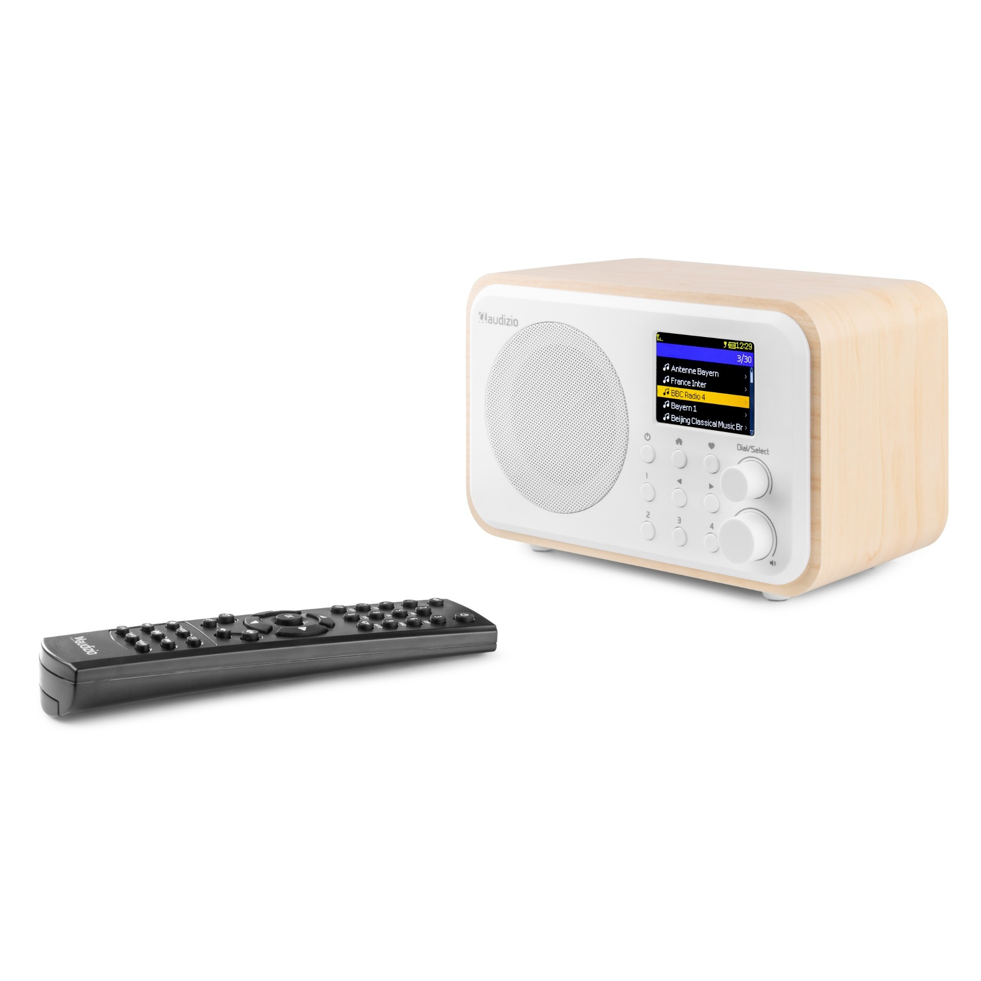 Holzradio mit Display und Knöpfen, und einer Fernbedienung.