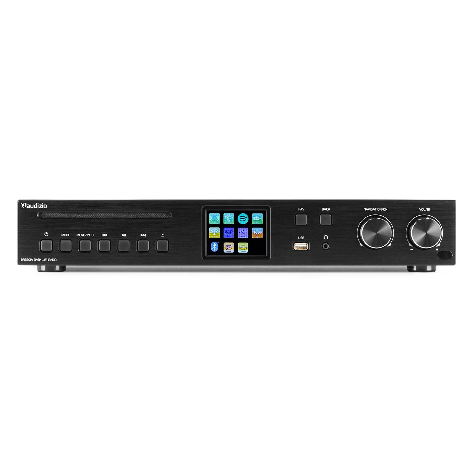 Dispositivo de audio negro con pantalla, varios botones y perillas.