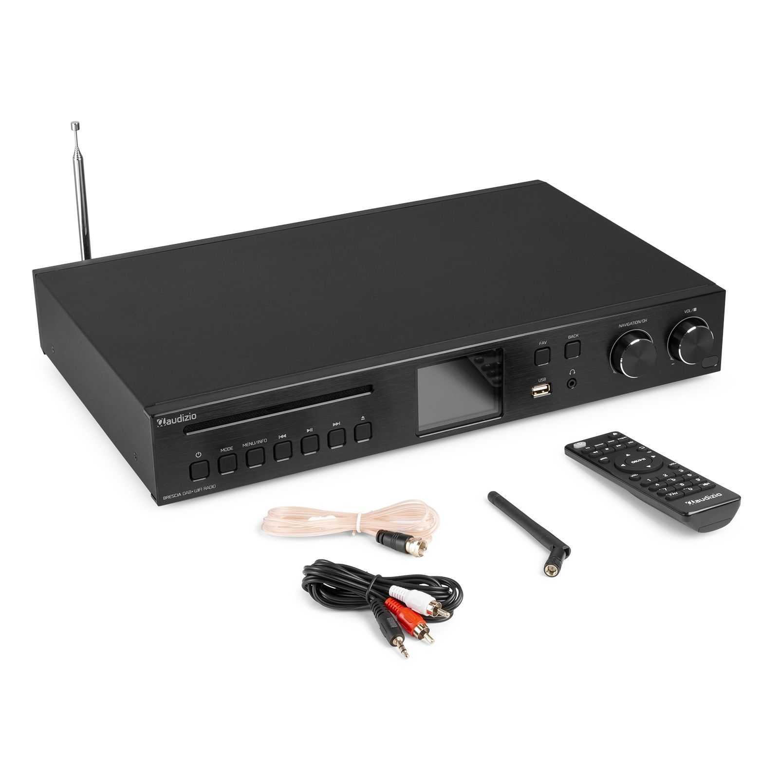 Componente de audio negro con reproductor de CD, antena y mando a distancia.