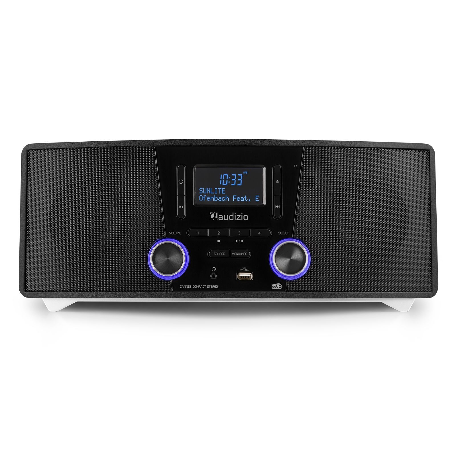 Estéreo de audio blanco y negro con pantalla que muestra información de la canción.
