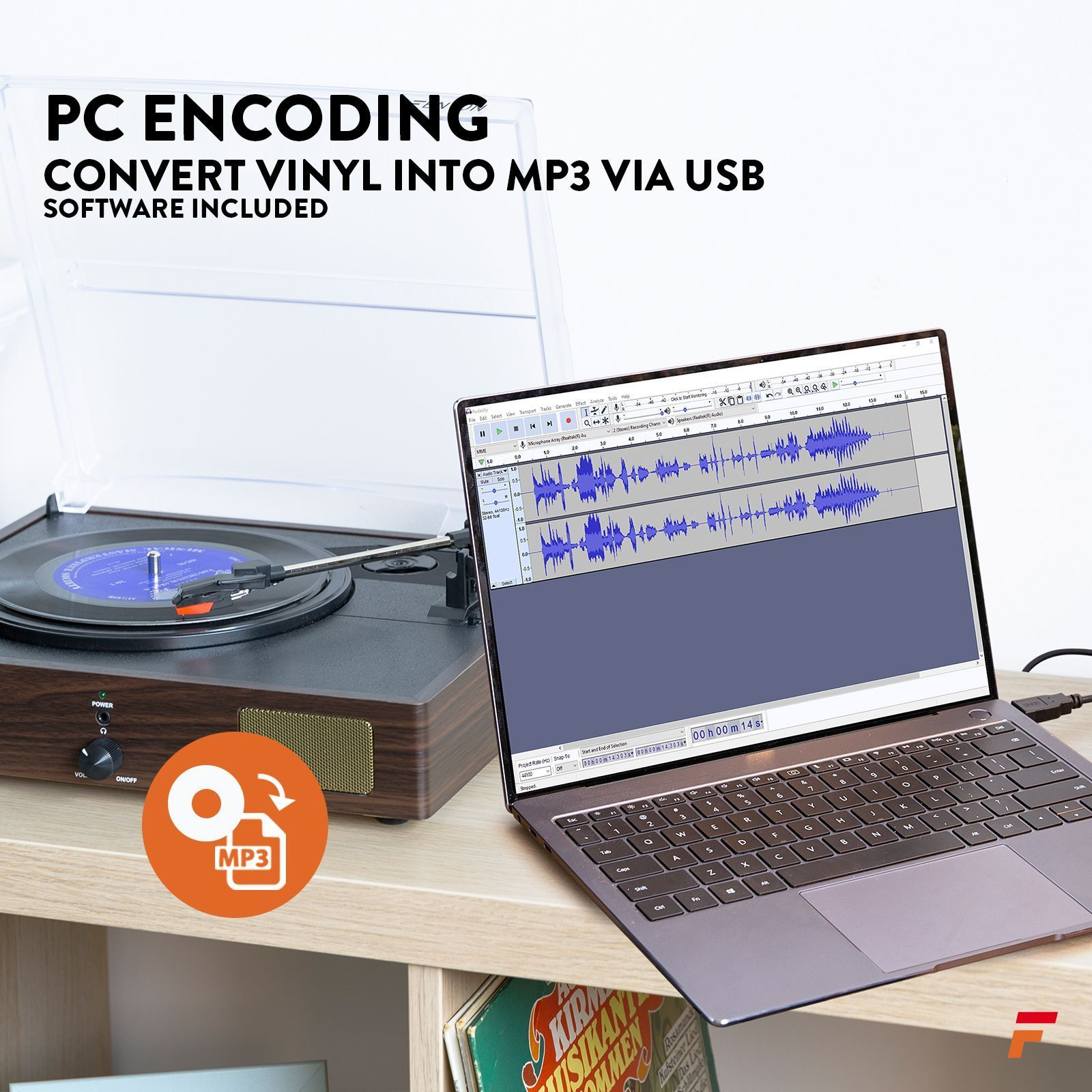 Plattenspieler mit Laptop, der Audiobearbeitungssoftware anzeigt. Der Text sagt 'PC ENCODING' und 'MP3'.