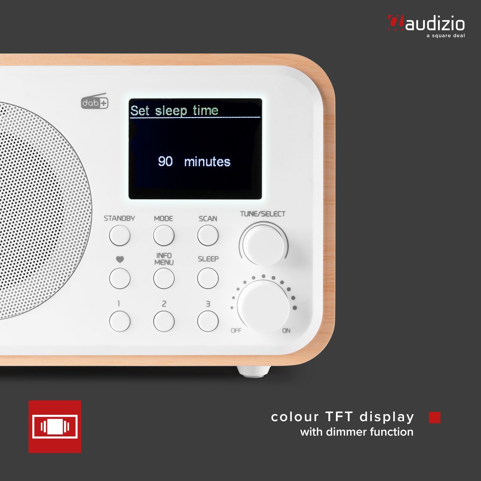 Primer plano de radio con pantalla que muestra el tiempo de reposo, botones y perillas.